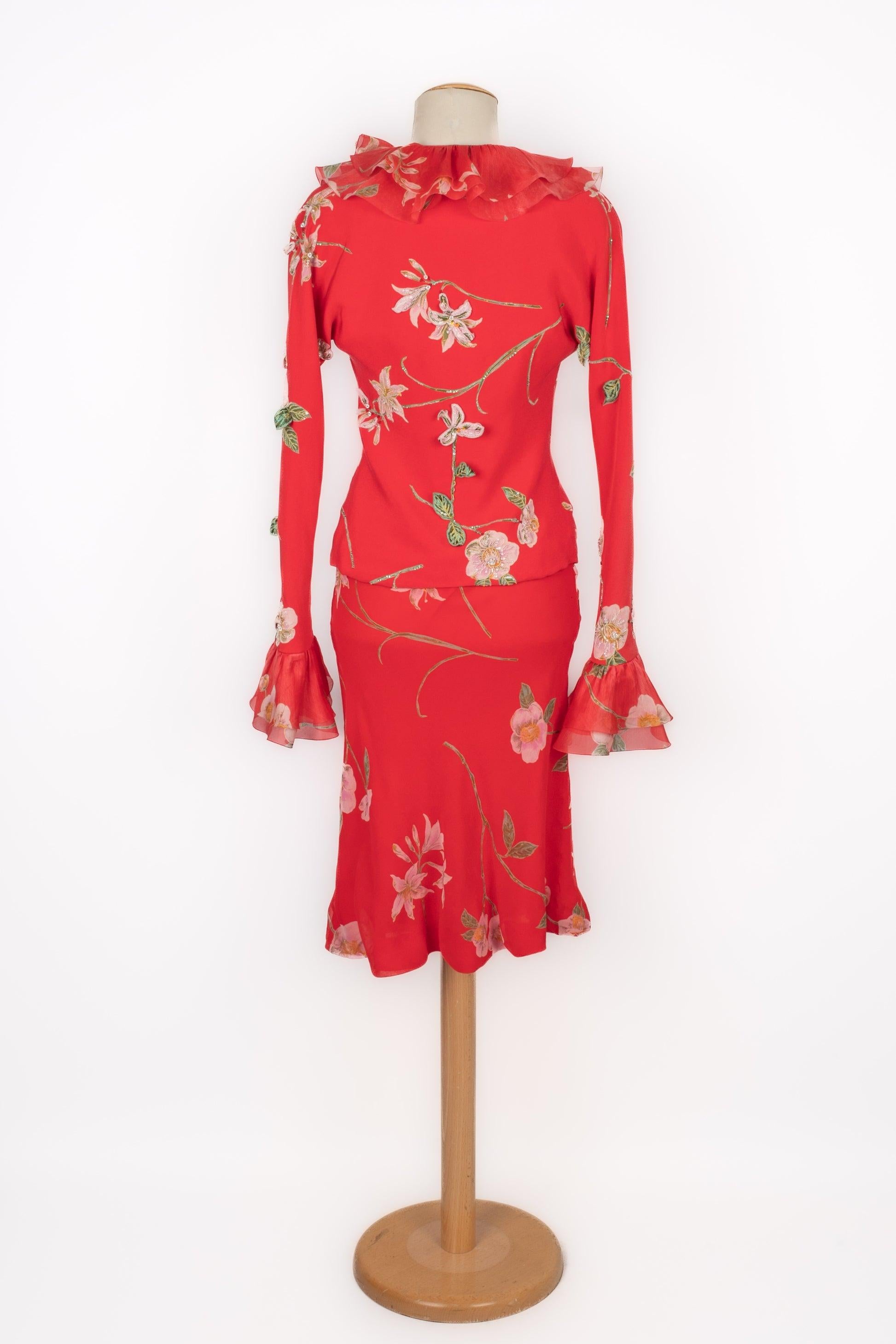 Torrente set Haute Couture Red Set of Blouse and Skirt In Excellent Condition For Sale In SAINT-OUEN-SUR-SEINE, FR