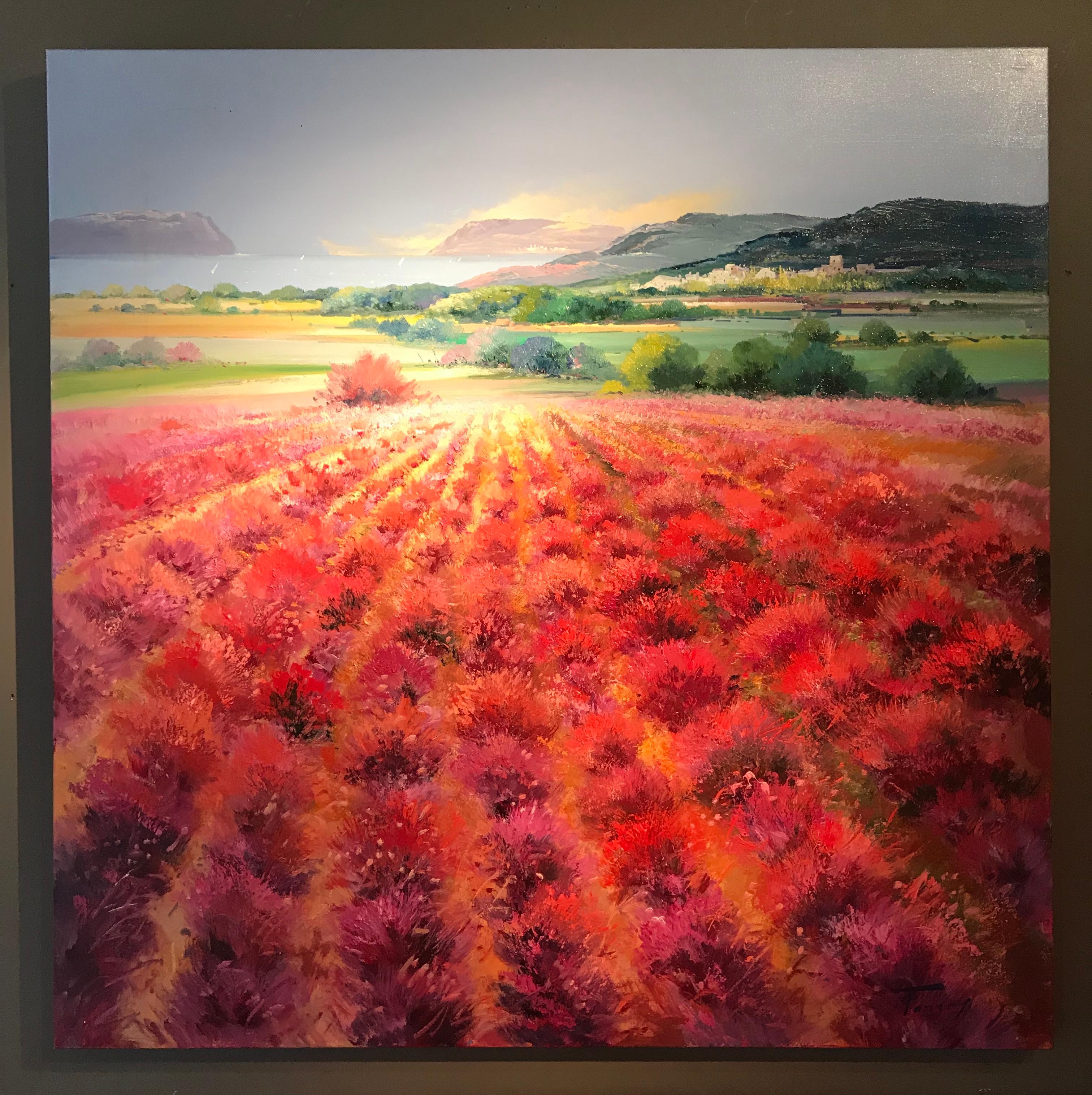 Peinture contemporaine d'un paysage rural rouge avec arbres 'Scarlet Meadow' by  - Painting de Torres