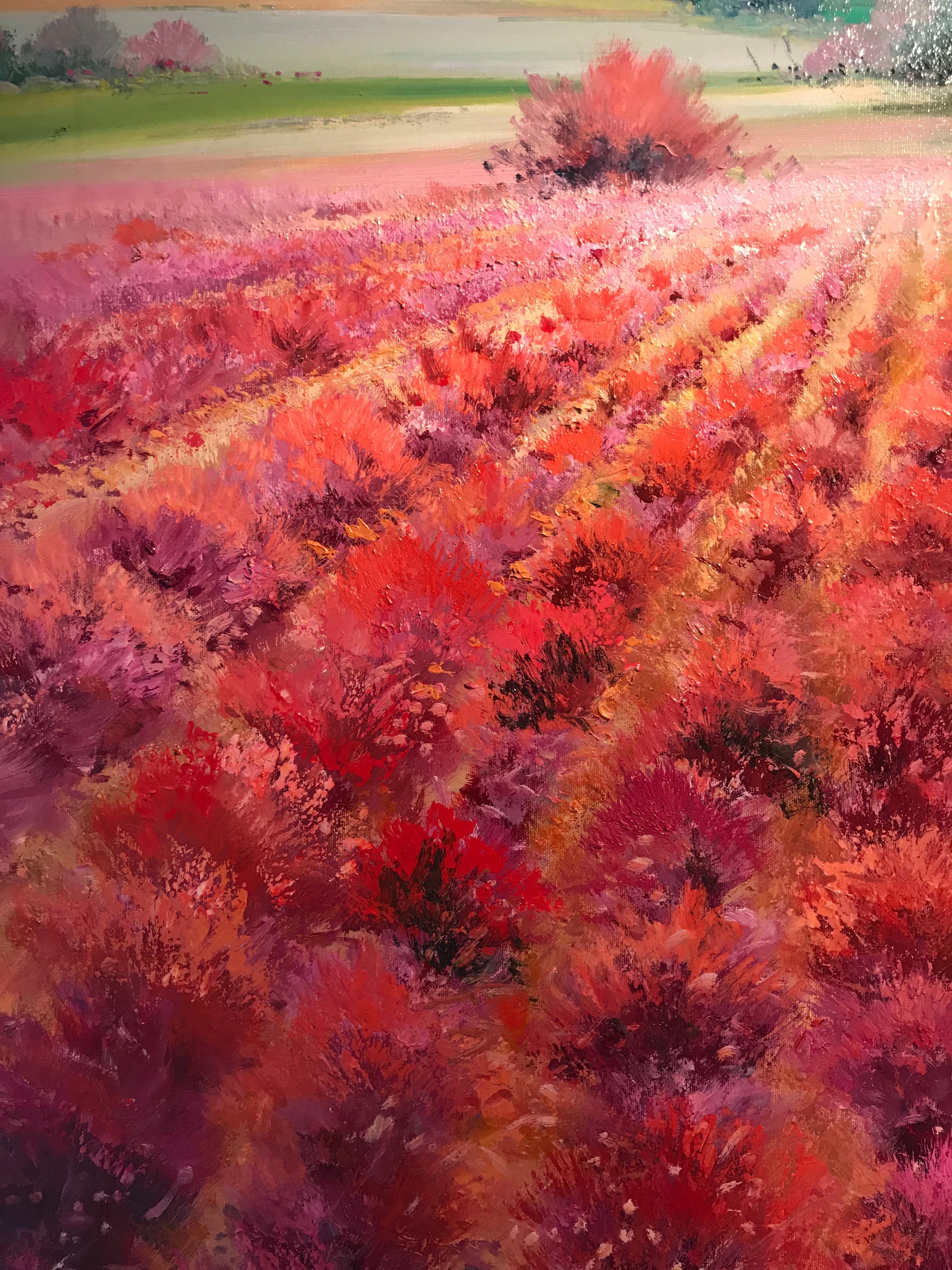 Peinture contemporaine d'un paysage rural rouge avec arbres 'Scarlet Meadow' by  - Contemporain Painting par Torres
