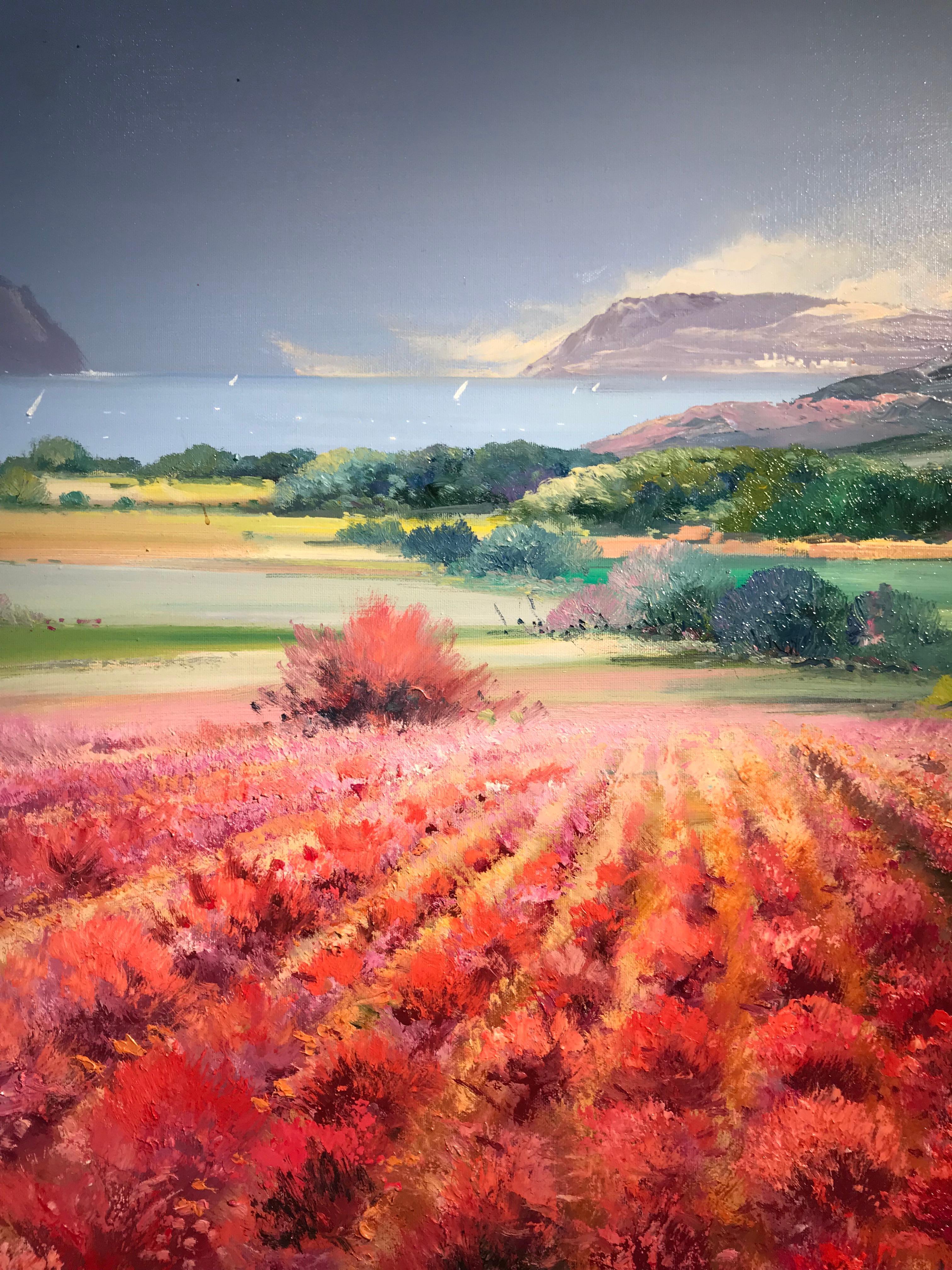 Peinture contemporaine d'un paysage rural rouge avec arbres 'Scarlet Meadow' by  1