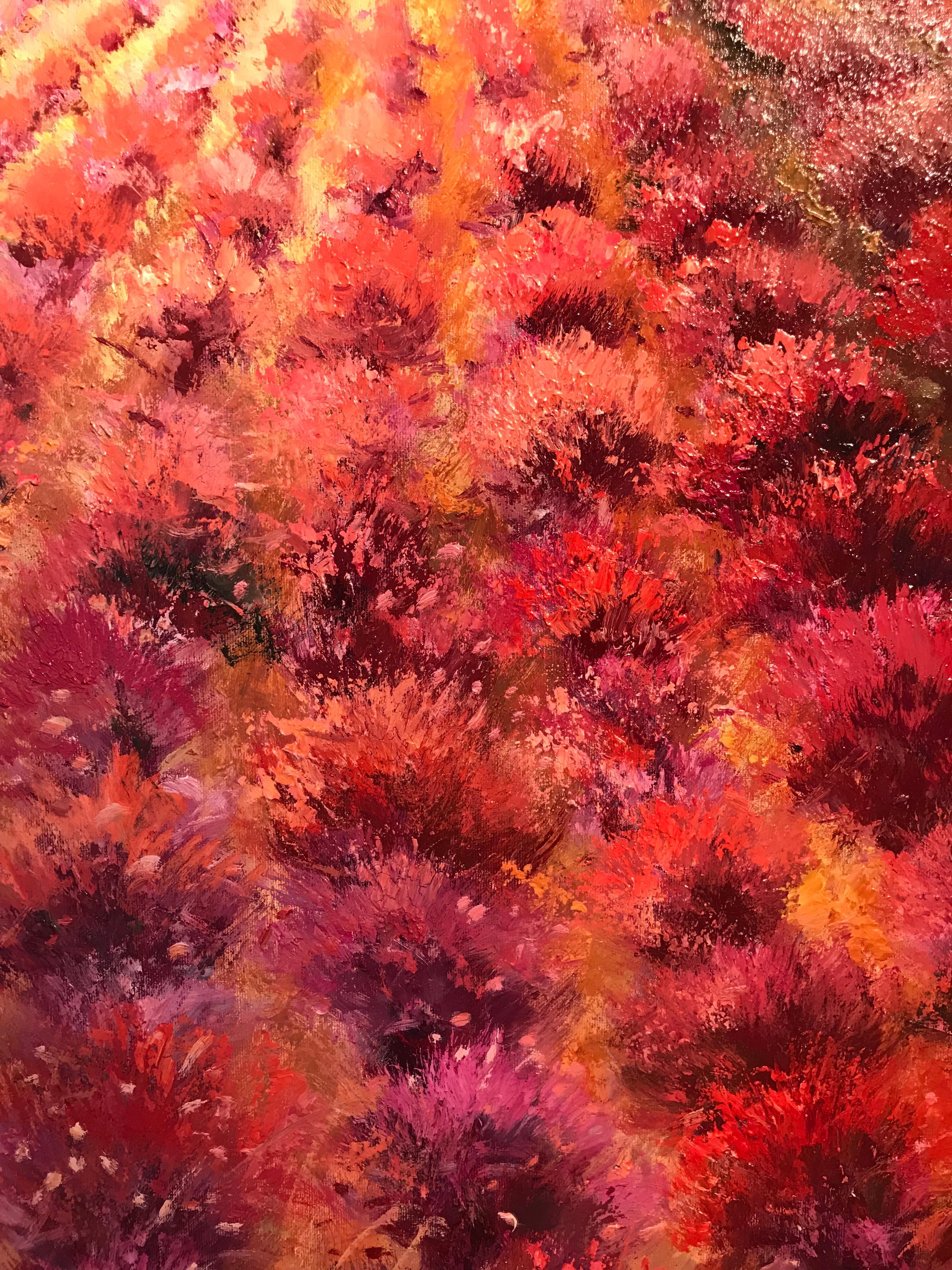 Peinture contemporaine d'un paysage rural rouge avec arbres 'Scarlet Meadow' by  2