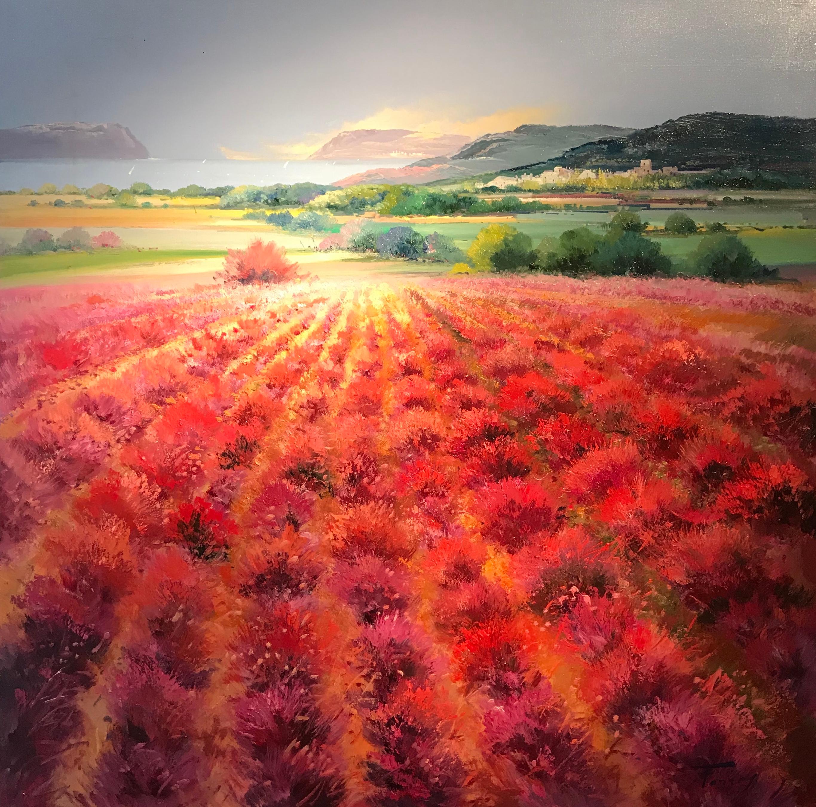 'Scarlet Meadow' by Torres is a stunning rural landscape with rolling hills down to the sea. The beautiful vivid colour palette of the foreground is strong and makes for a composition that is fiery and bold. A huge pop of crimson, pink and red jump