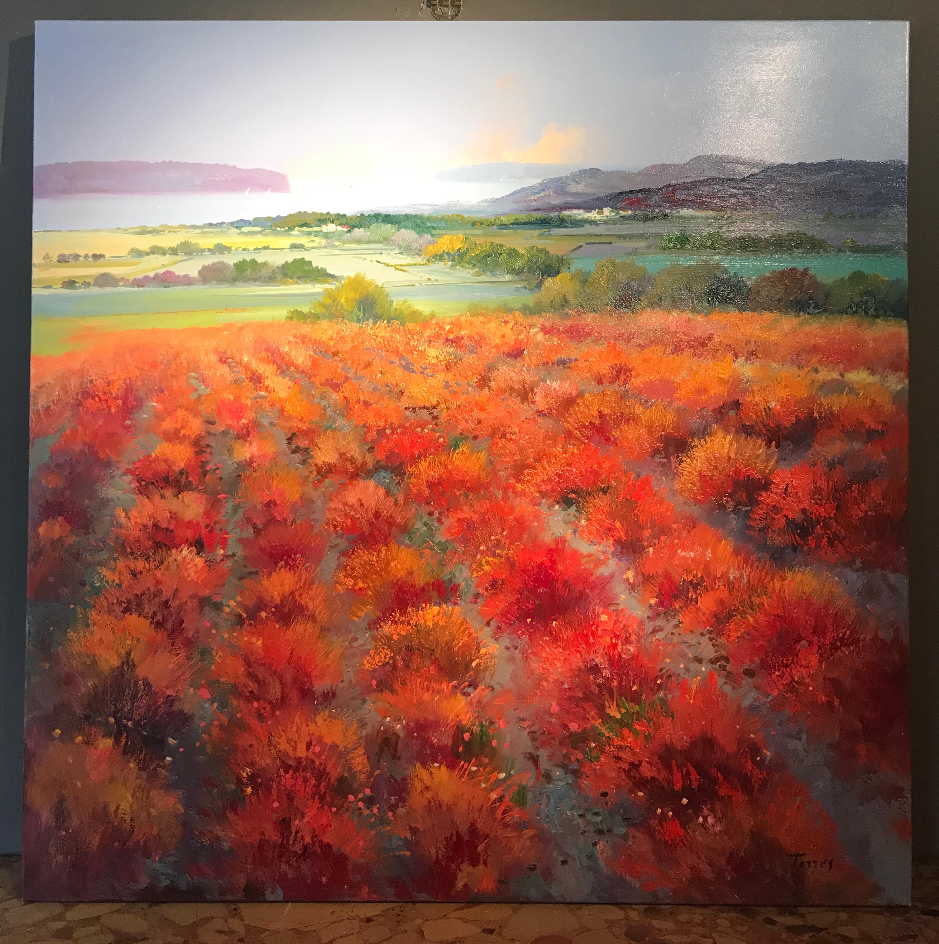 Contemporary Rural Landscape Painting with Rolling Hills 'Red Fields' by Torres For Sale 1