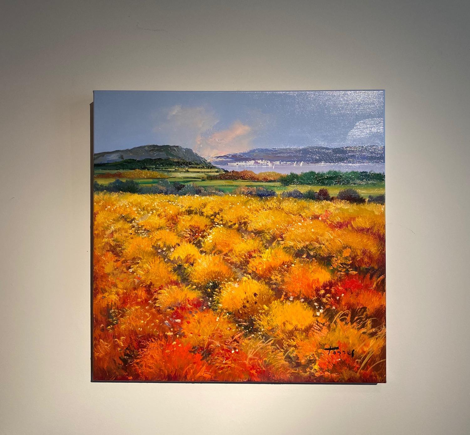 'Fields of Amber' Contemporary Colourful landscape painting of fields of yellow - Painting by Torres