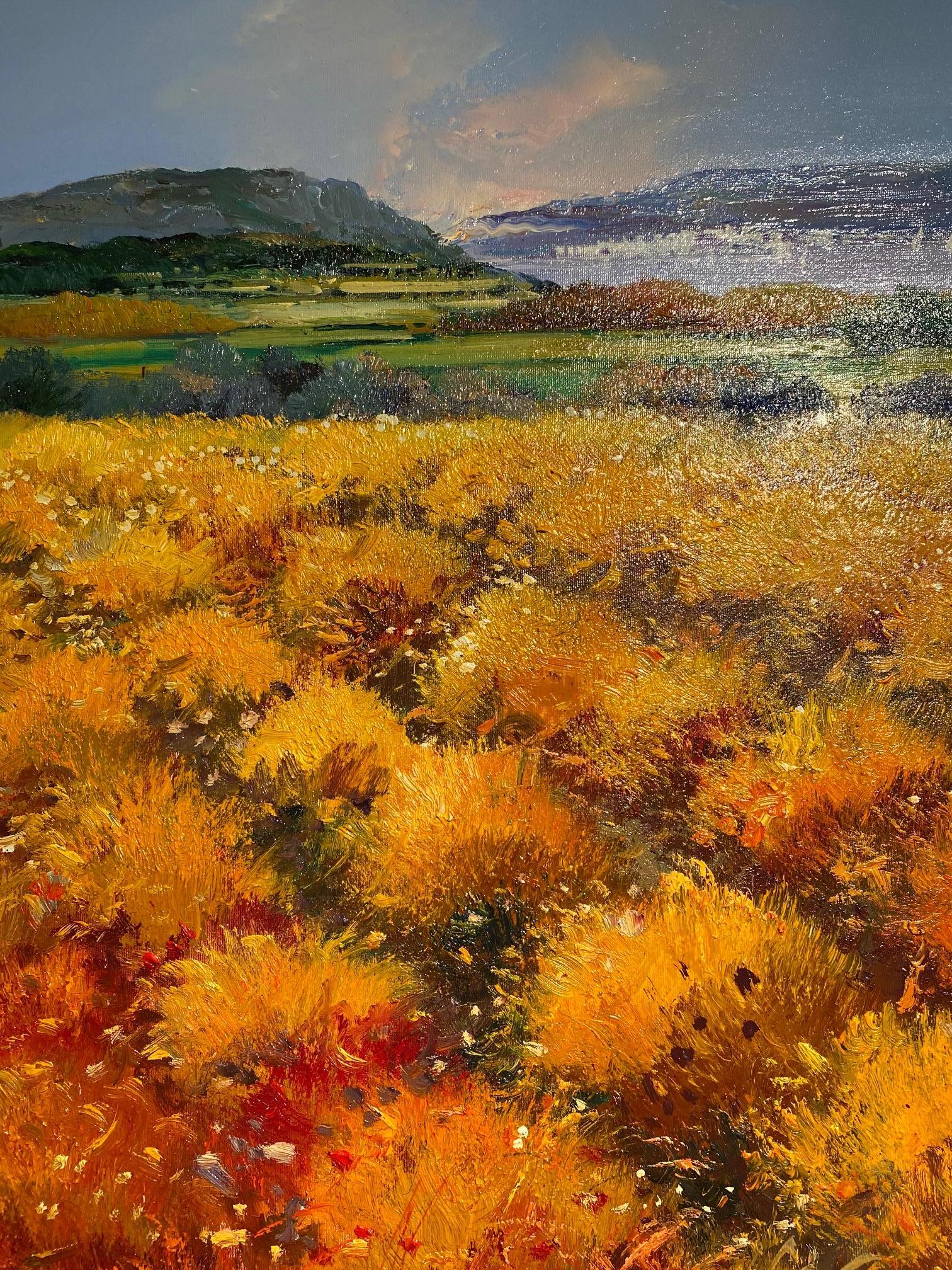 'Fields of Amber' Contemporary Colourful landscape painting of fields of yellow For Sale 2