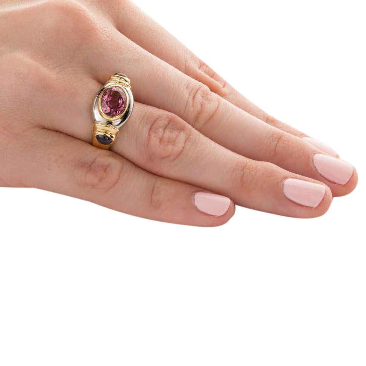 Torres Pink Tourmaline and Iolite 18 Karat White and Yellow Gold Dress Ring For Sale 4