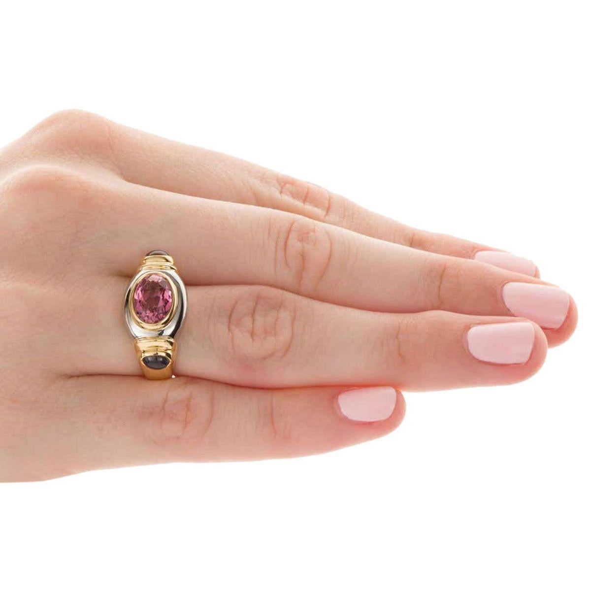 Torres Pink Tourmaline and Iolite 18 Karat White and Yellow Gold Dress Ring For Sale 5