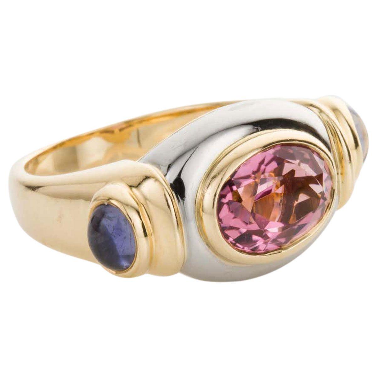 Torres Pink Tourmaline and Iolite 18 Karat White and Yellow Gold Dress Ring In Excellent Condition For Sale In QLD , AU