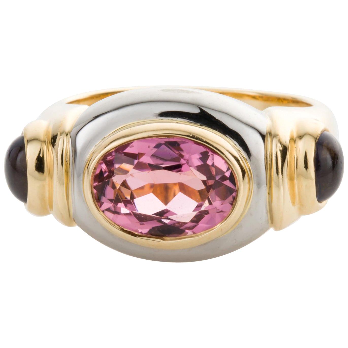 Torres Pink Tourmaline and Iolite 18 Karat White and Yellow Gold Dress Ring For Sale