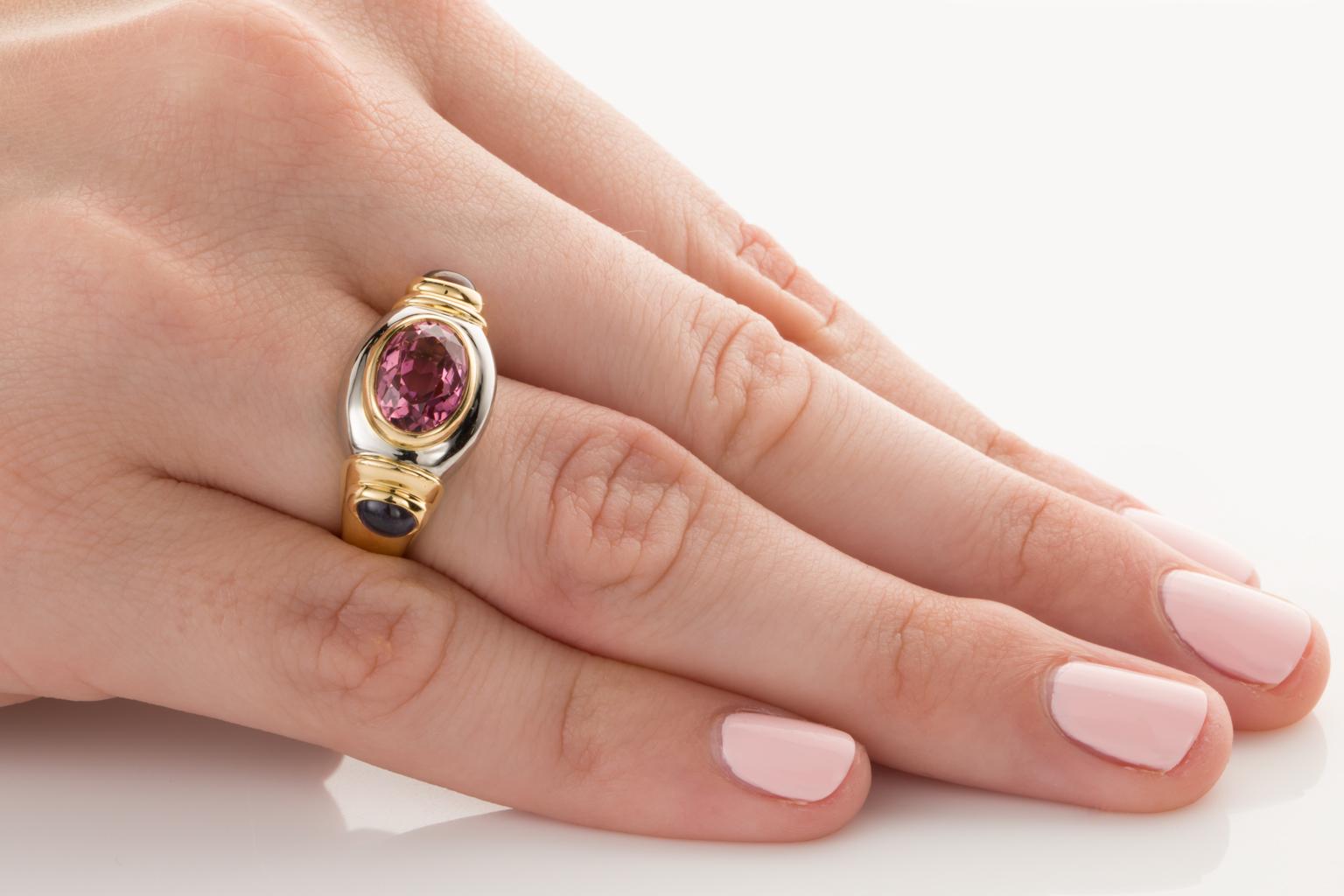 Torres Pink Tourmaline and Iolite 18 Karat White and Yellow Gold Dress Ring For Sale 1