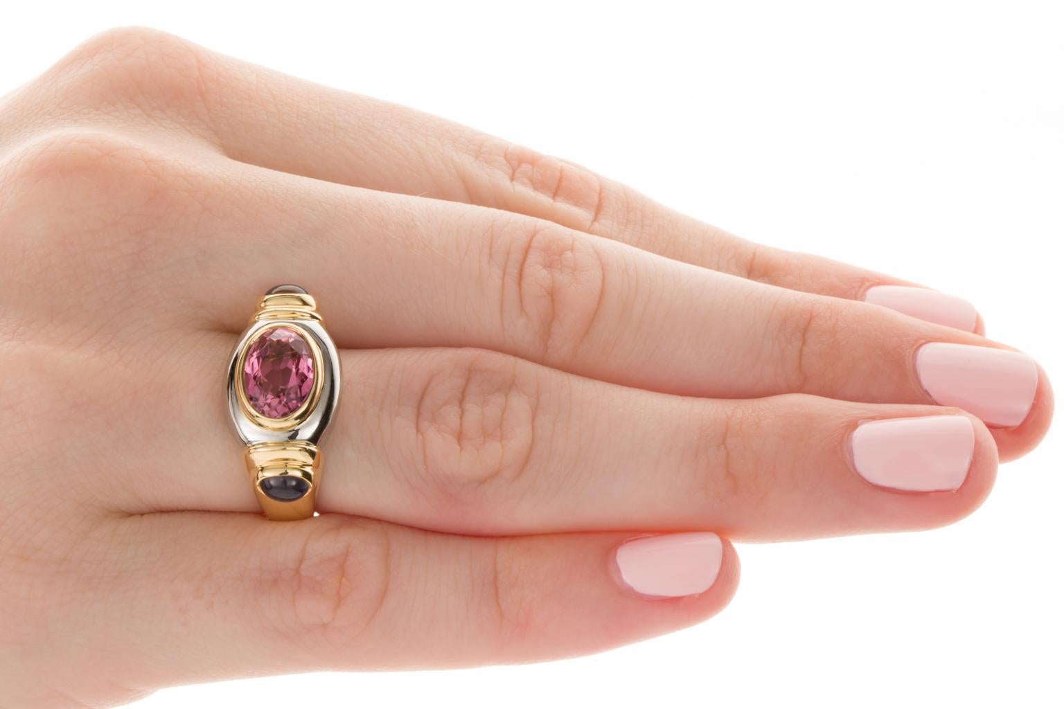 Torres Pink Tourmaline and Iolite 18 Karat White and Yellow Gold Dress Ring For Sale 2