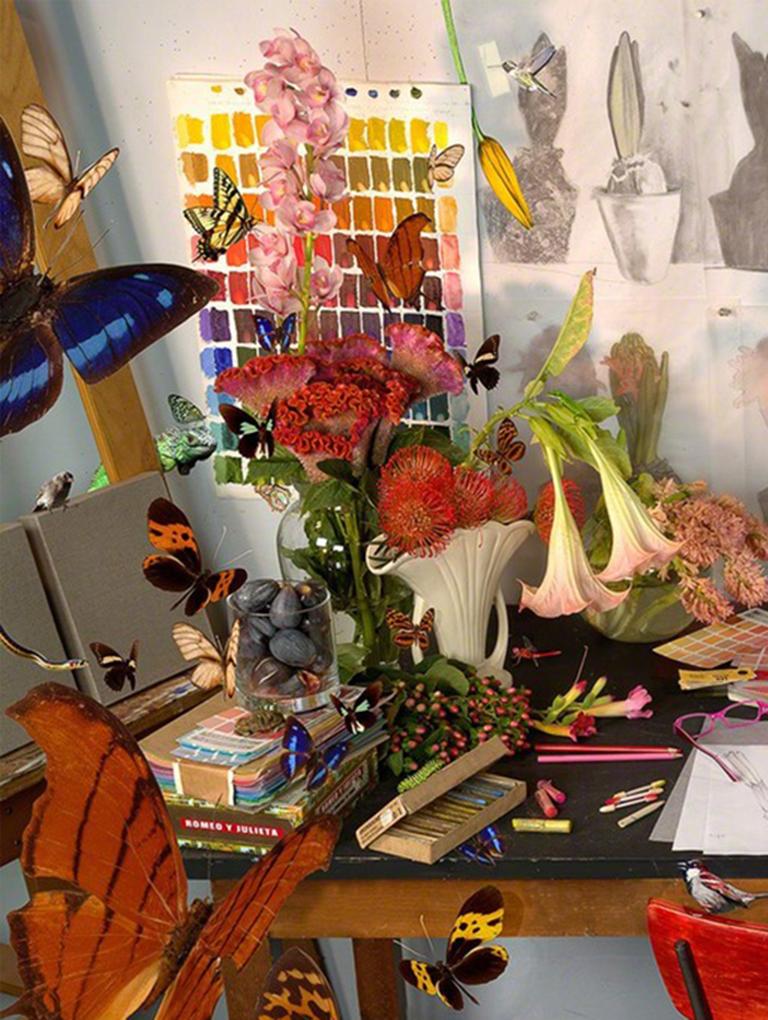 A Sudden Flutter - Artist studio vignette w/ butterflies, drawings, lily flowers - Photograph by Torrie Groening
