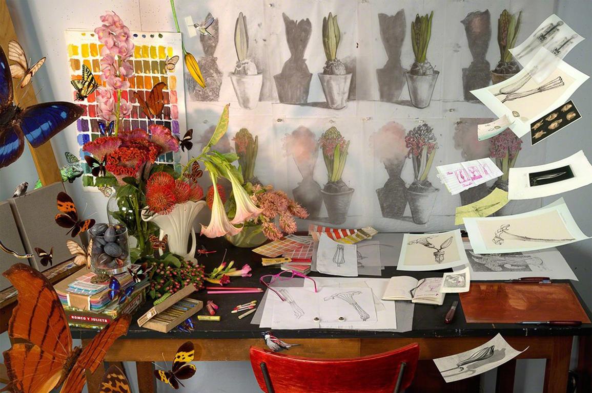 A Sudden Flutter - Artist studio vignette w/ butterflies, drawings, lily flowers - Contemporary Photograph by Torrie Groening
