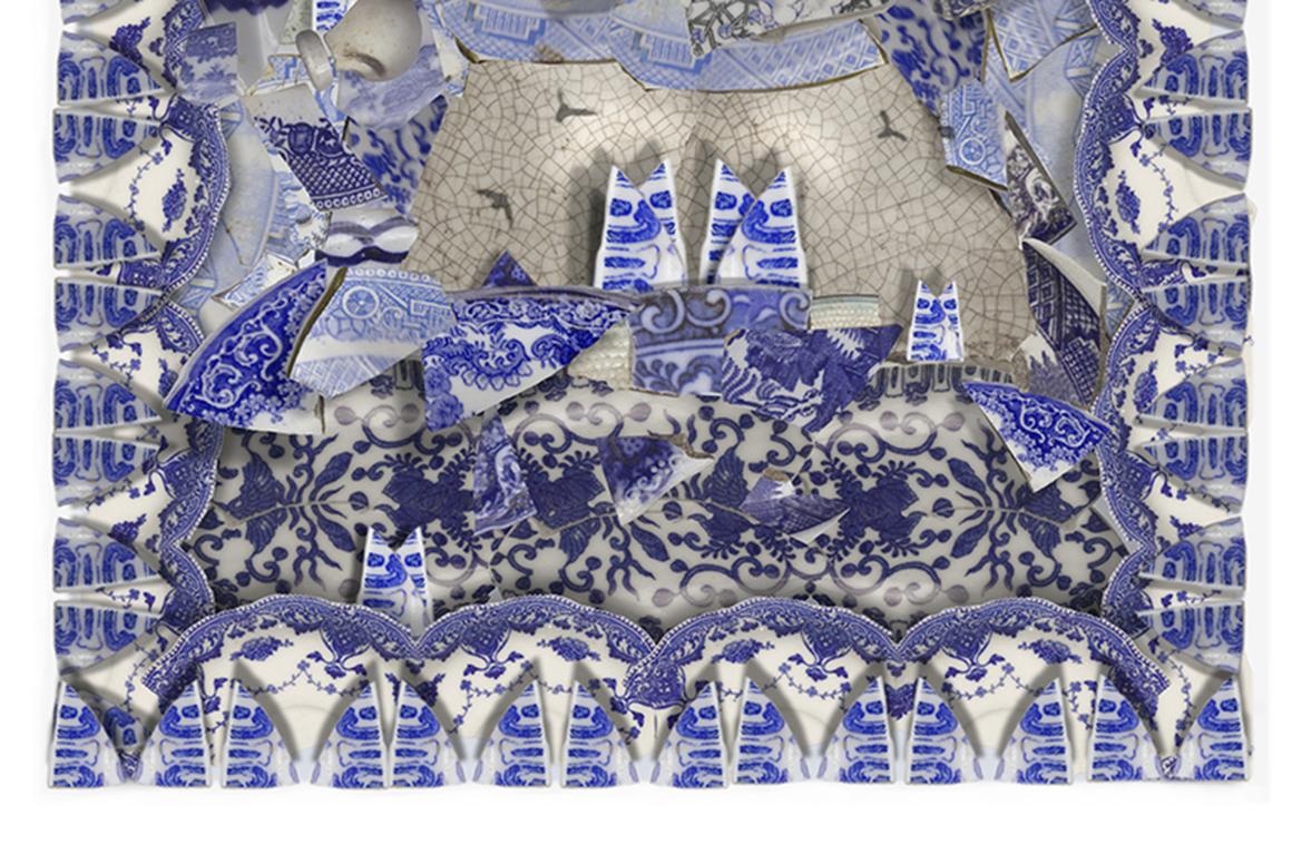 Shardbirds - Blue & white porcelain collage floral pattern landscape scene - Contemporary Photograph by Torrie Groening