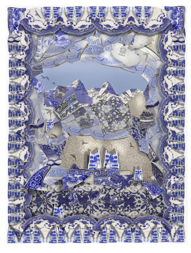 Torrie Groening Color Photograph - Shardbirds - Blue & white porcelain collage floral pattern landscape scene