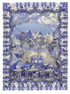 Shardbirds - Blue & white porcelain collage floral pattern landscape scene