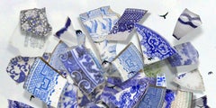 Shards of Blue with Birds - Blue & white porcelain ceramic circular collage