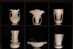 Shelf Collector with Crow - Minimal white porcelain Art Deco grid vases w/ crow