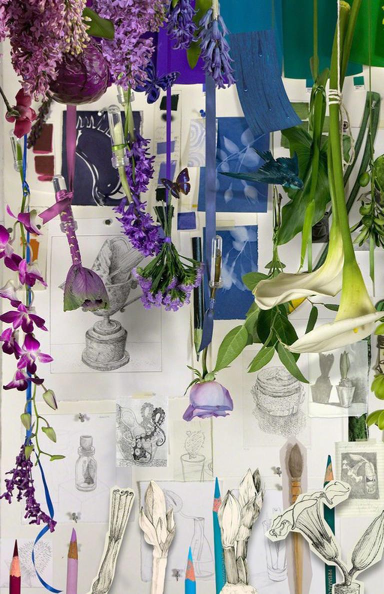 Studio Flower Project - Rainbow flora & fruit, artist prints & drawing collage - Photograph by Torrie Groening