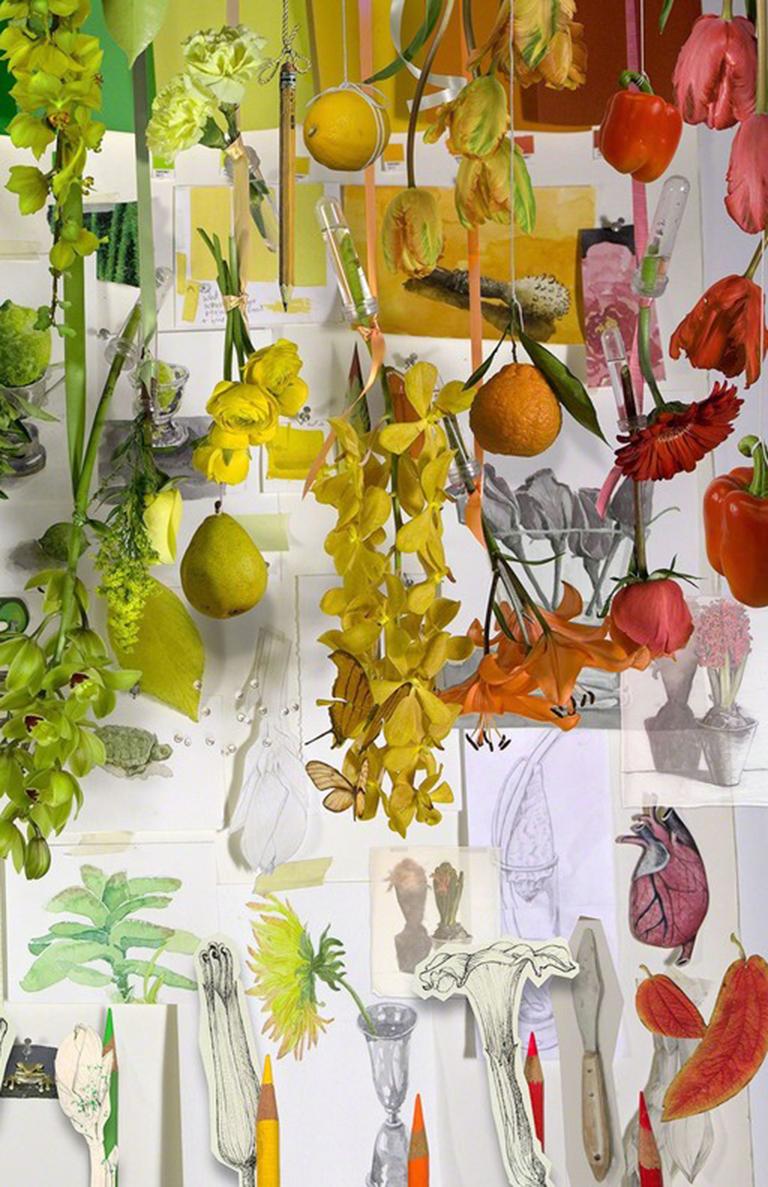 Studio Flower Project - Rainbow flora & fruit, artist prints & drawing collage - Contemporary Photograph by Torrie Groening