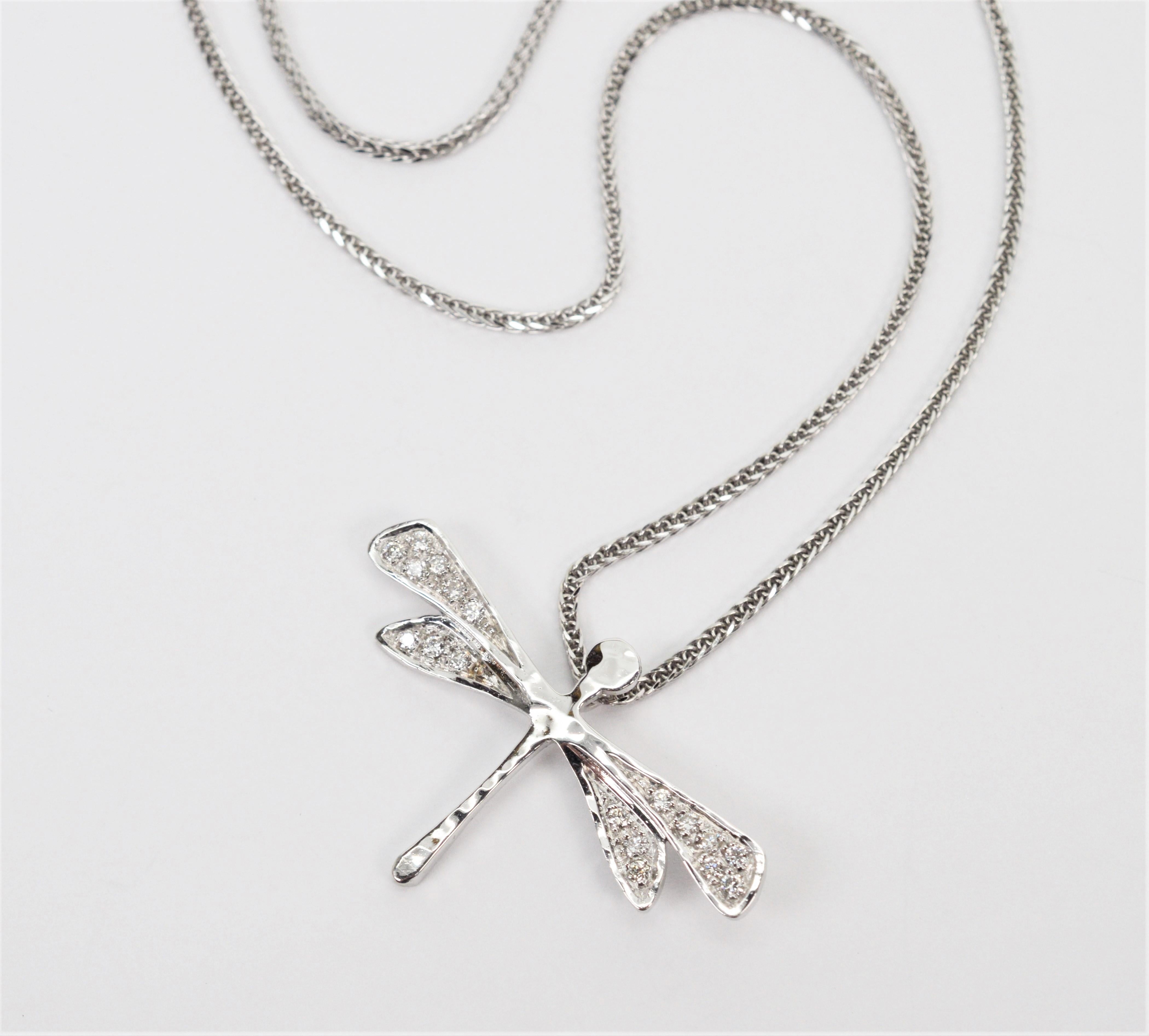 Women's Torrini 14 Karat White Gold Italian Diamond Pave DragonFly Pendant Necklace For Sale