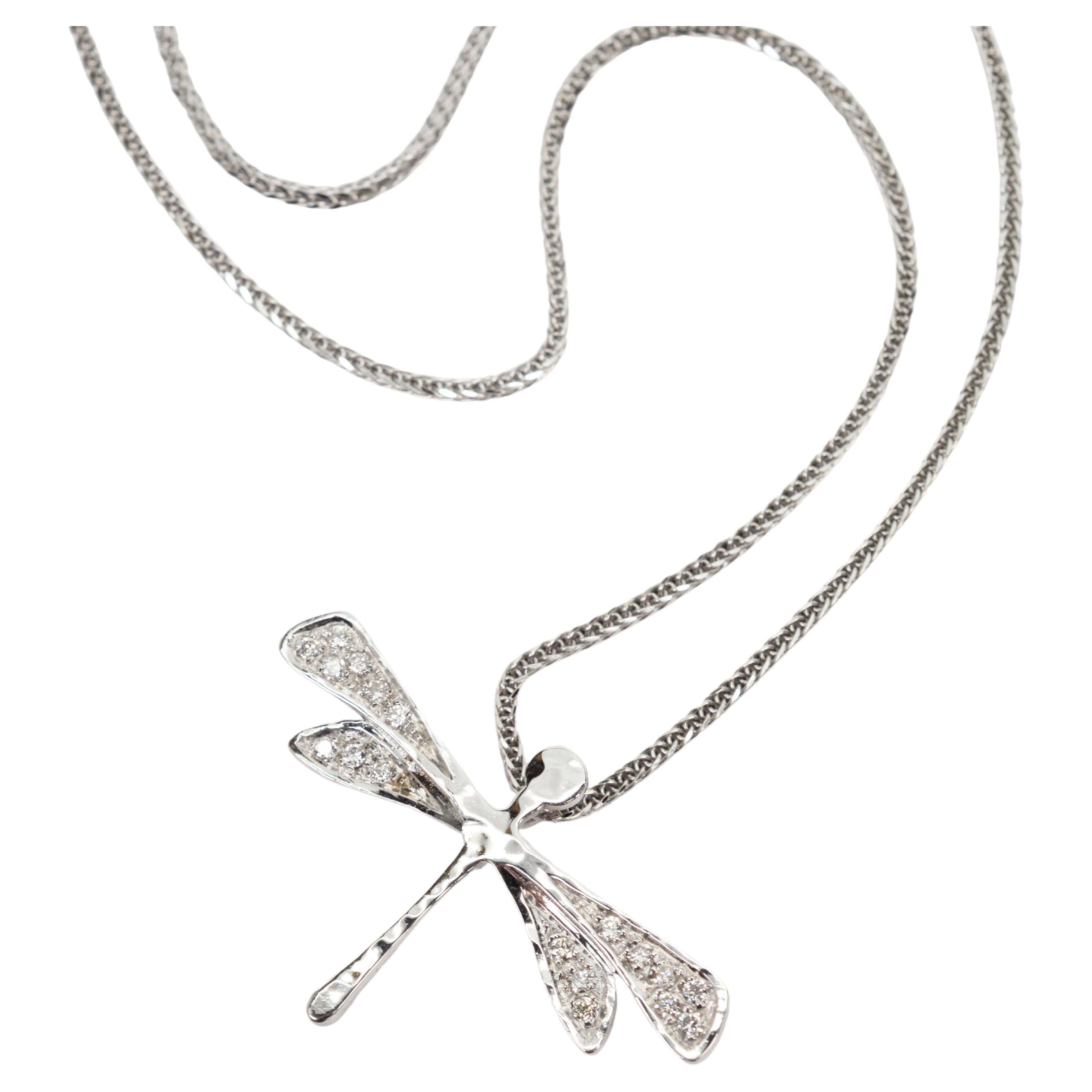Torrini 14 Karat White Gold Italian Diamond Pave DragonFly Pendant Necklace For Sale