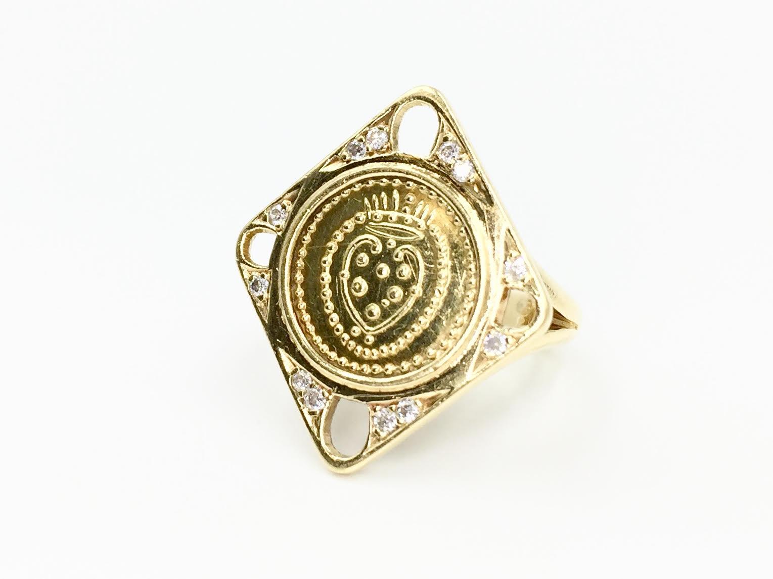 Women's Torrini 18 Karat Gold and Diamond Coin Ring For Sale