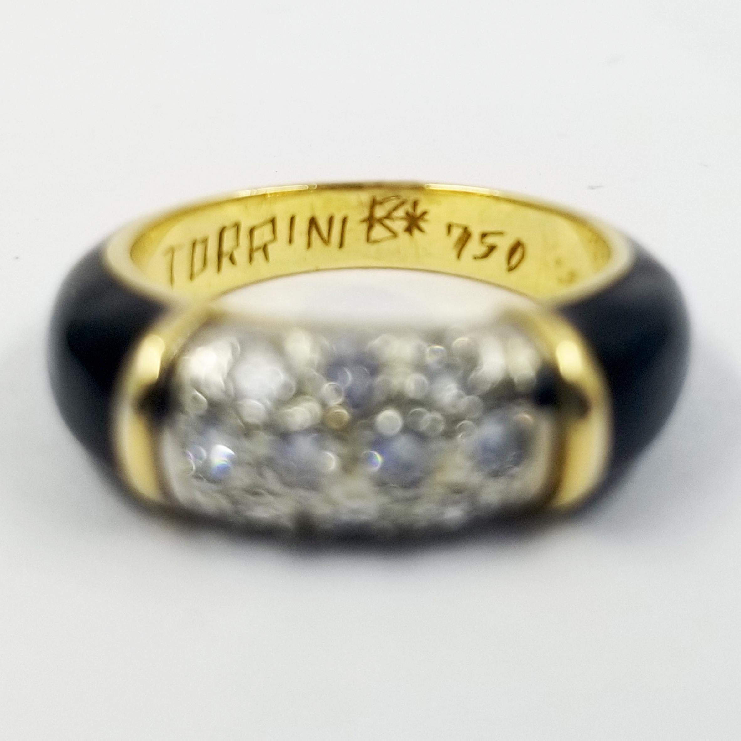 18 Karat Yellow Gold and Black Enamel Ring by Torrini, Featuring 10 Round Diamonds Totaling Approximately 0.50 Carats of VS Clarity & G Color. Finger Size 4.5, Cannot Be Sized.