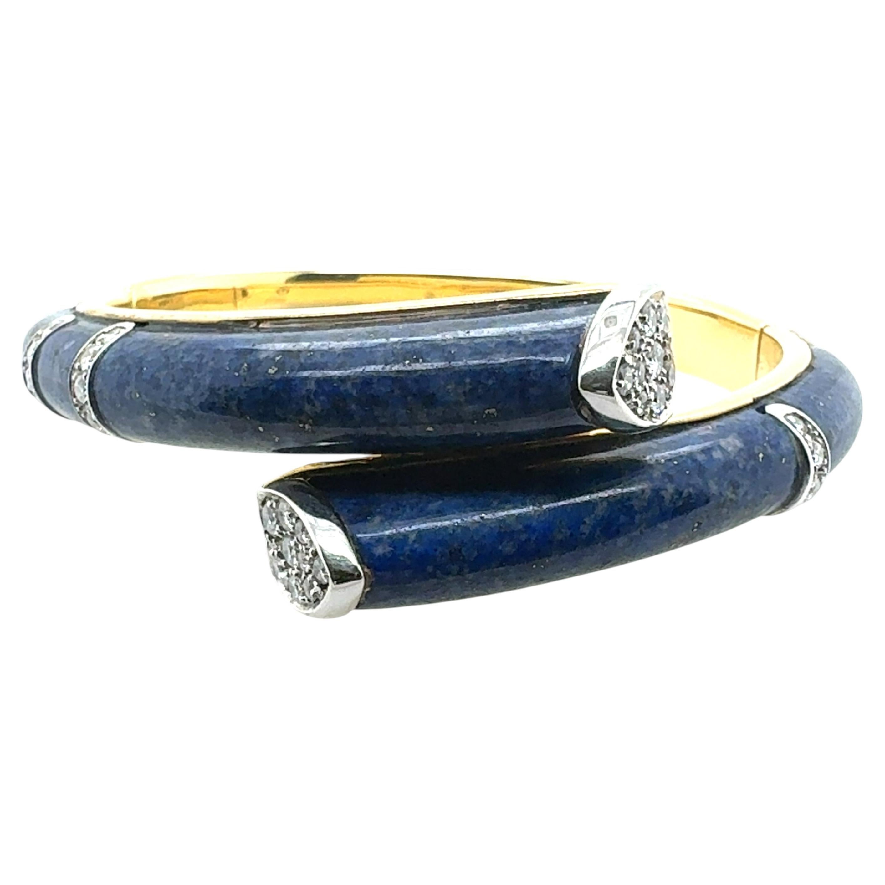 Torrini Italy 18K Gold Lapis Lazuli & Diamond Bypass Bangle circa 1960