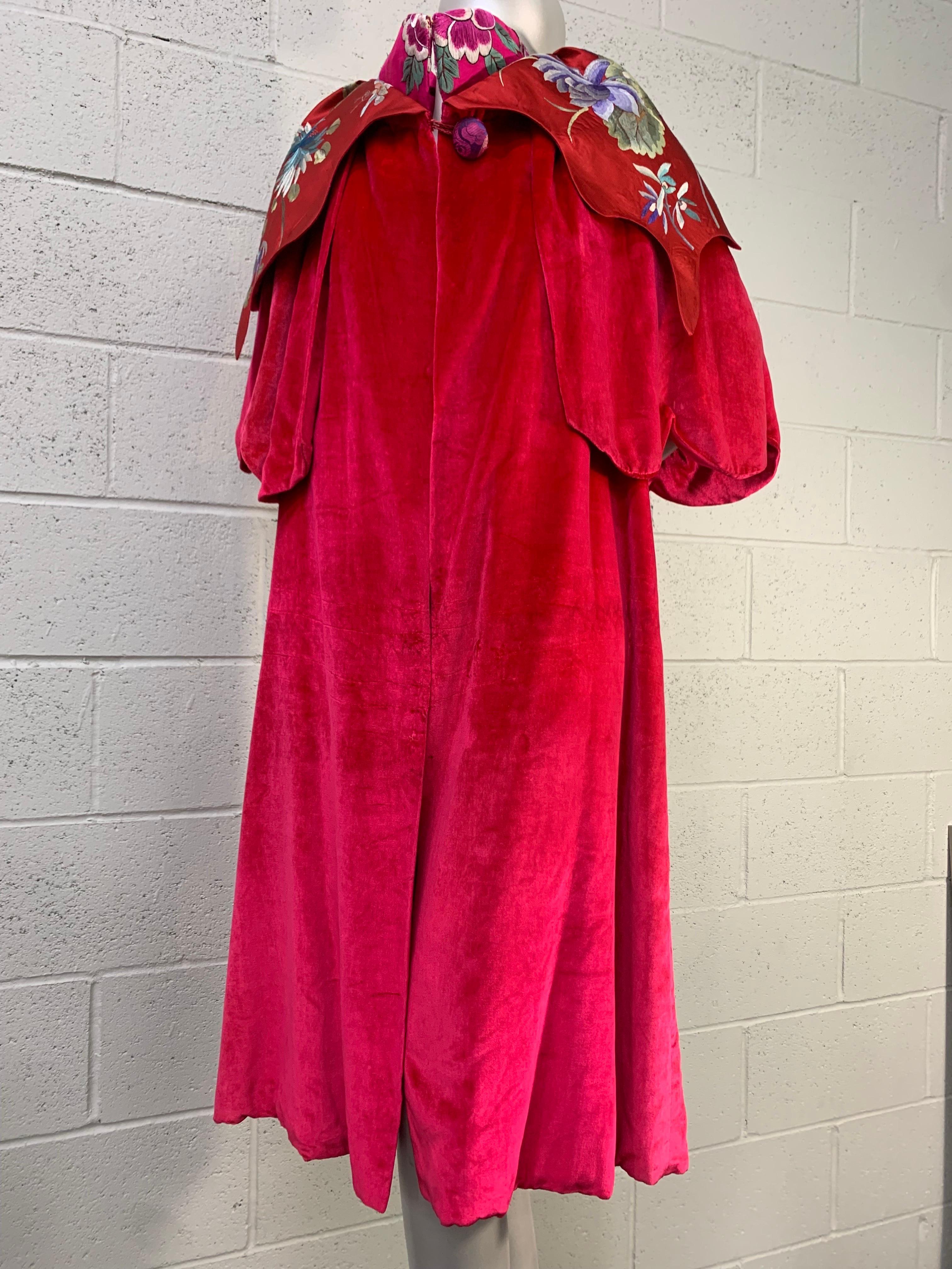 Torso Creations 1920s Shocking Pink Silk Panne Velvet Cape w Embroidered Collar In Excellent Condition For Sale In Gresham, OR