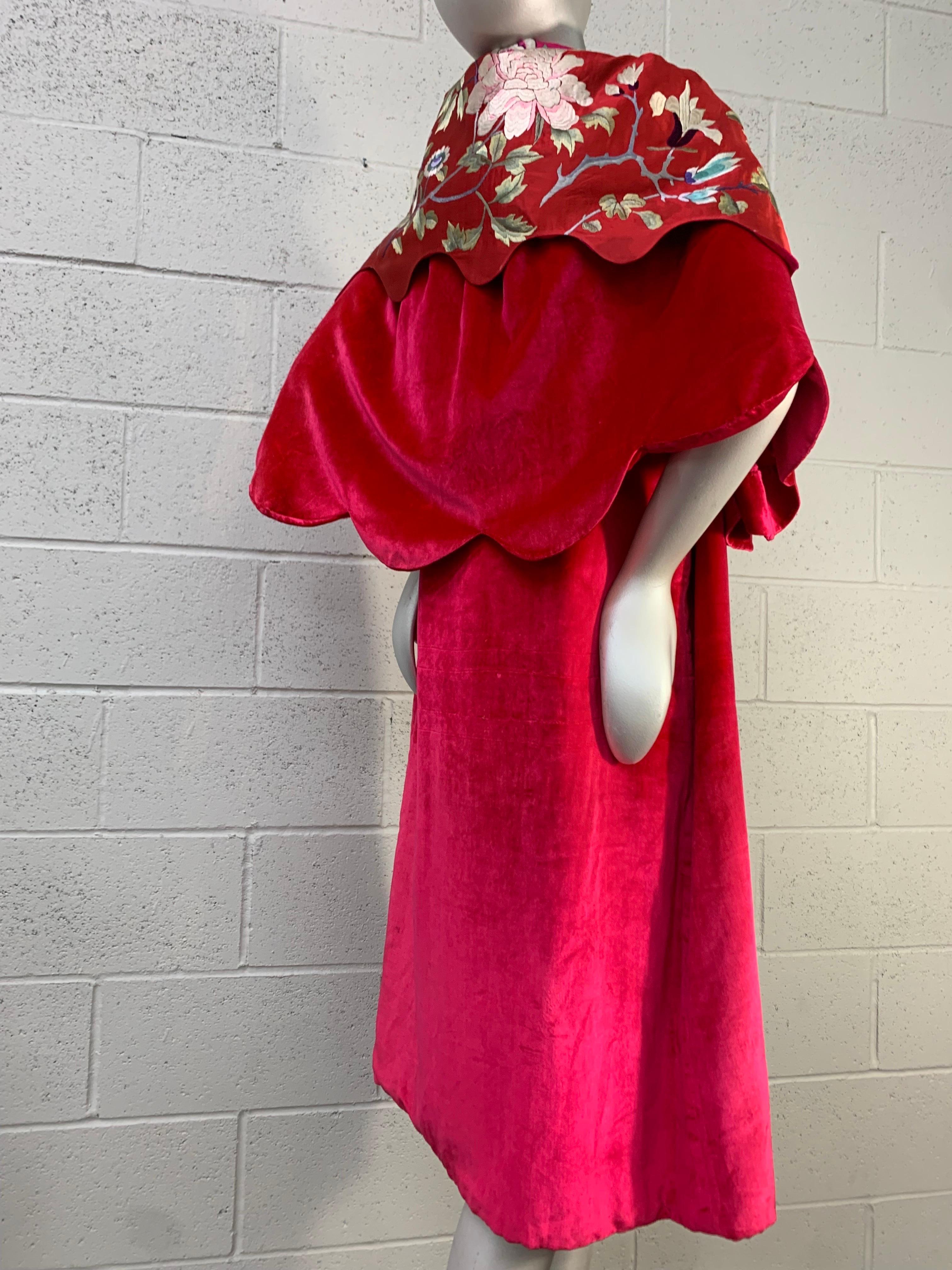 Torso Creations 1920s Shocking Pink Silk Panne Velvet Cape w Embroidered Collar For Sale 4