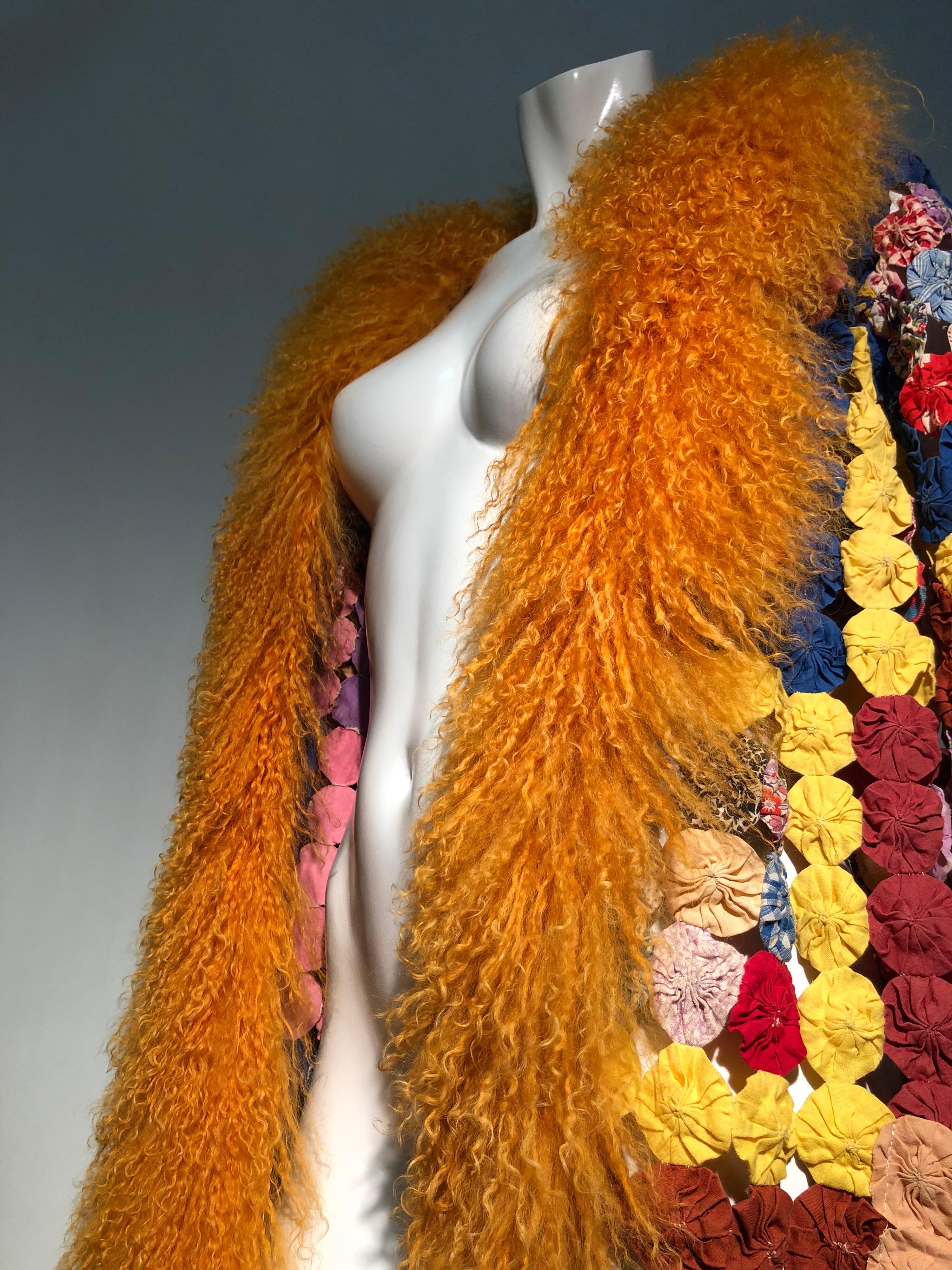 Torso Creations 1930s YoYo Quilt Art-To-Wear Jacket W/ Orange Mongolian Fur In Excellent Condition In Gresham, OR