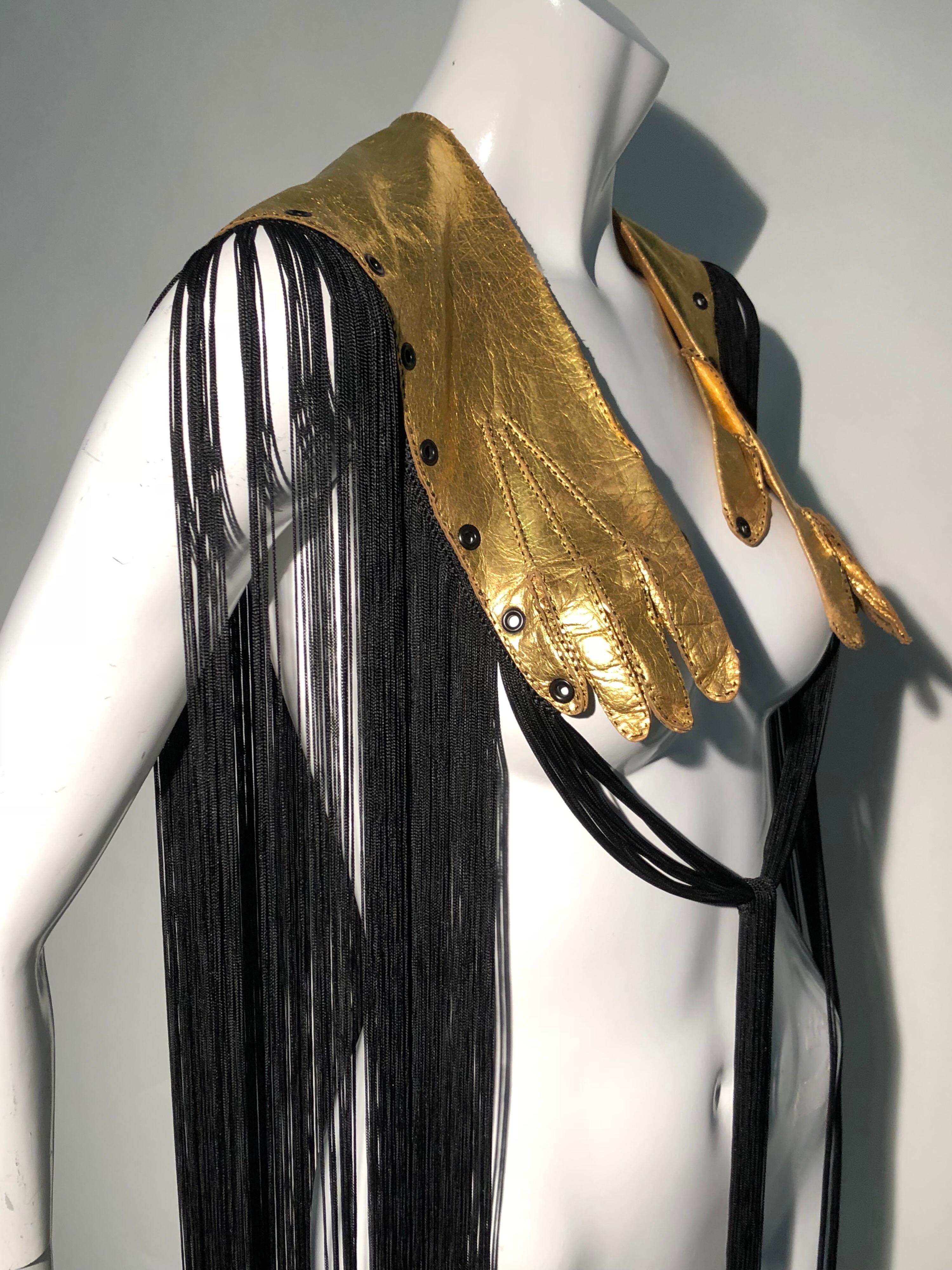 Torso Creations 1940s Gold Gilt Leather Gloves & Long Black Rayon Fringe Cape For Sale 8