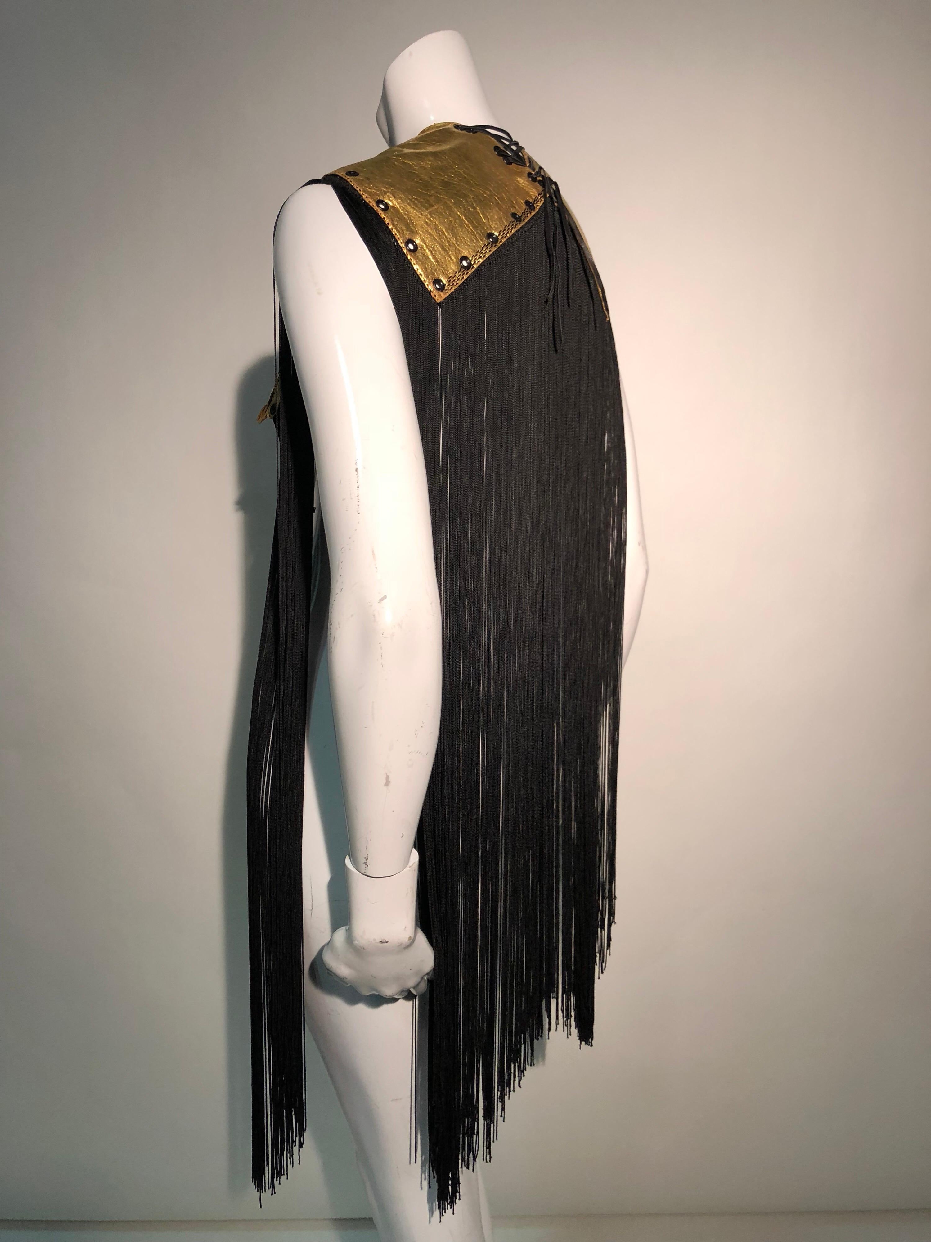 Torso Creations 1940s Gold Gilt Leather Gloves & Long Black Rayon Fringe Cape For Sale 10
