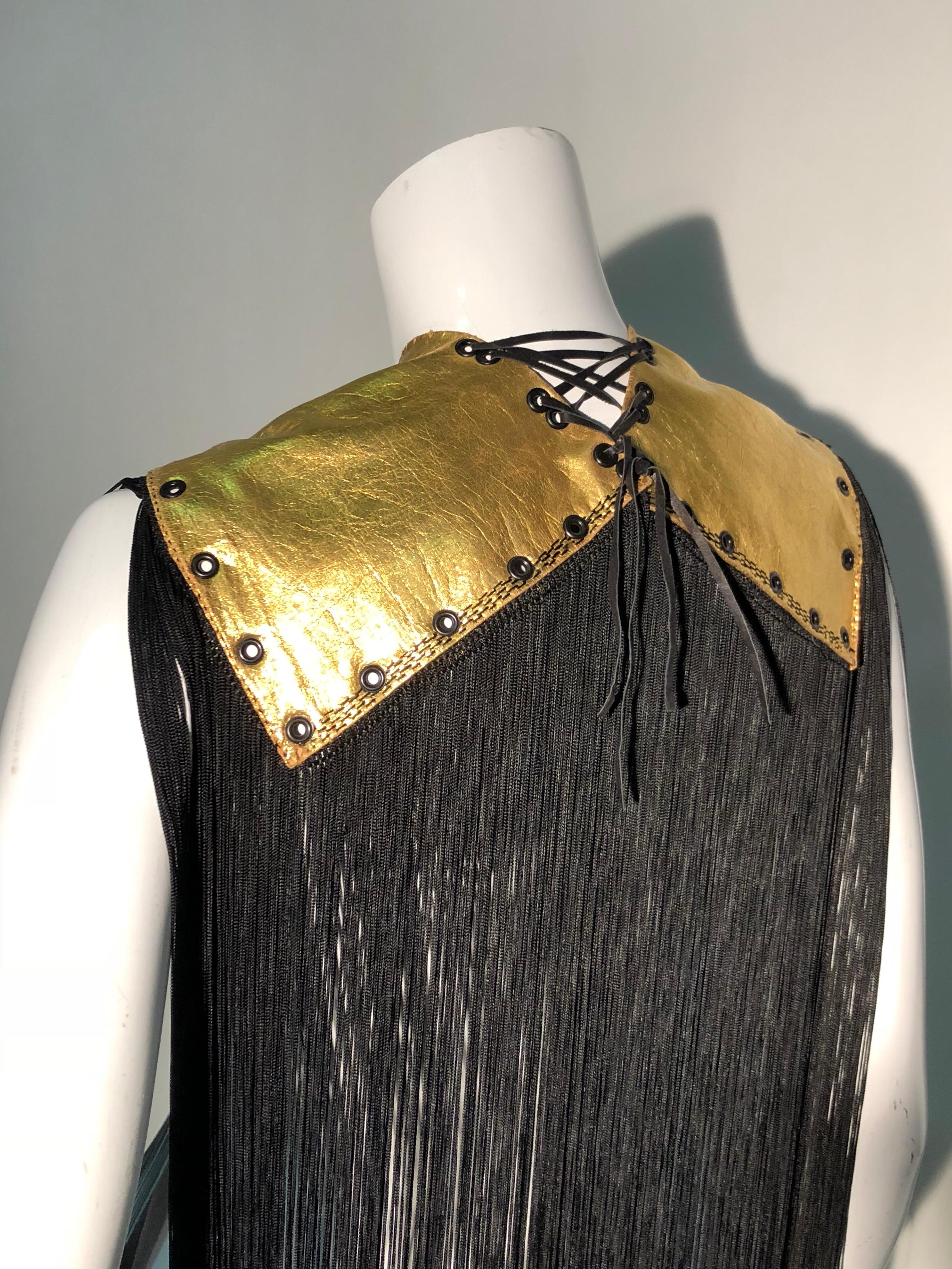Torso Creations 1940s Gold Gilt Leather Gloves & Long Black Rayon Fringe Cape For Sale 11