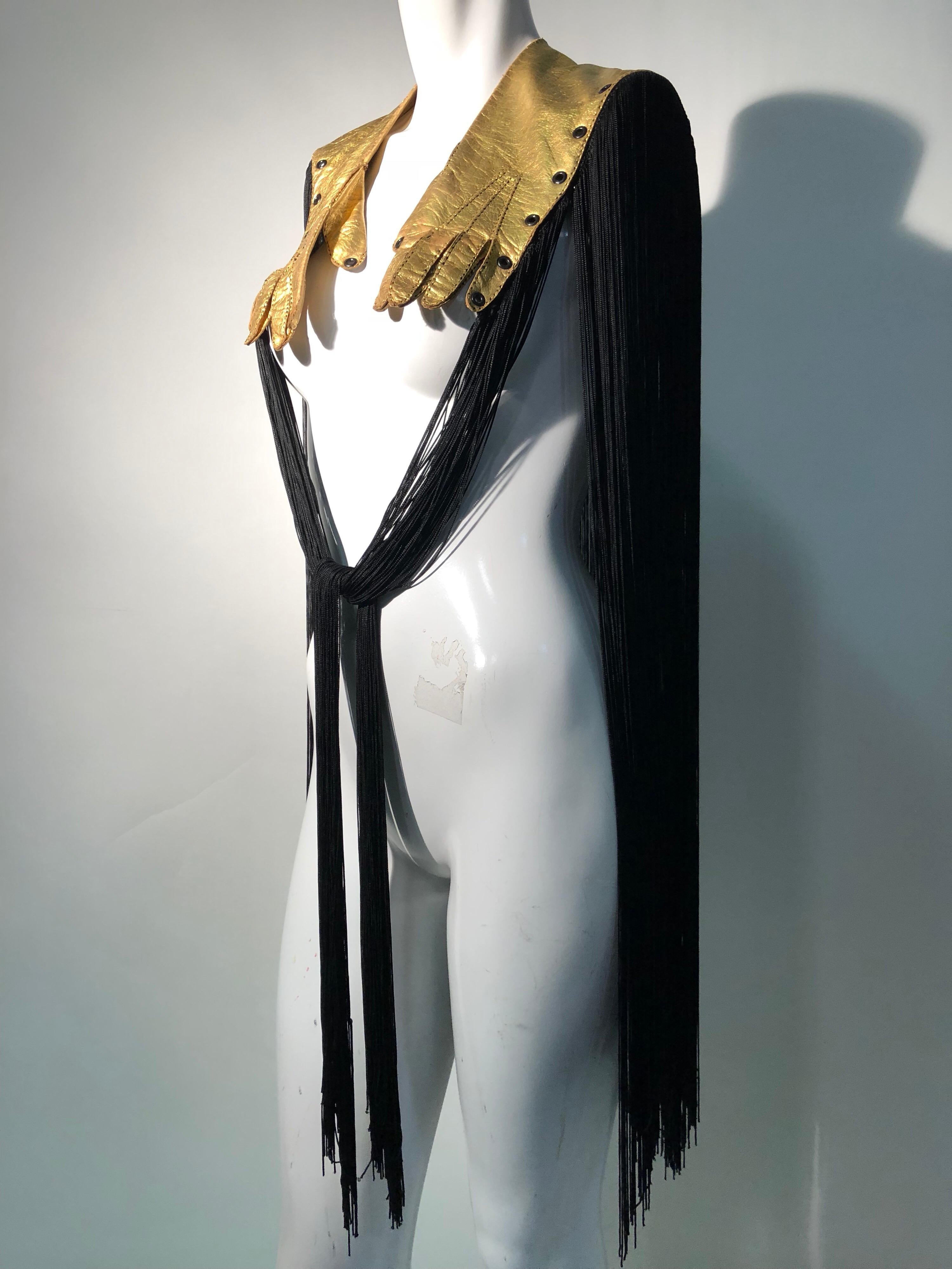 Women's or Men's Torso Creations 1940s Gold Gilt Leather Gloves & Long Black Rayon Fringe Cape For Sale
