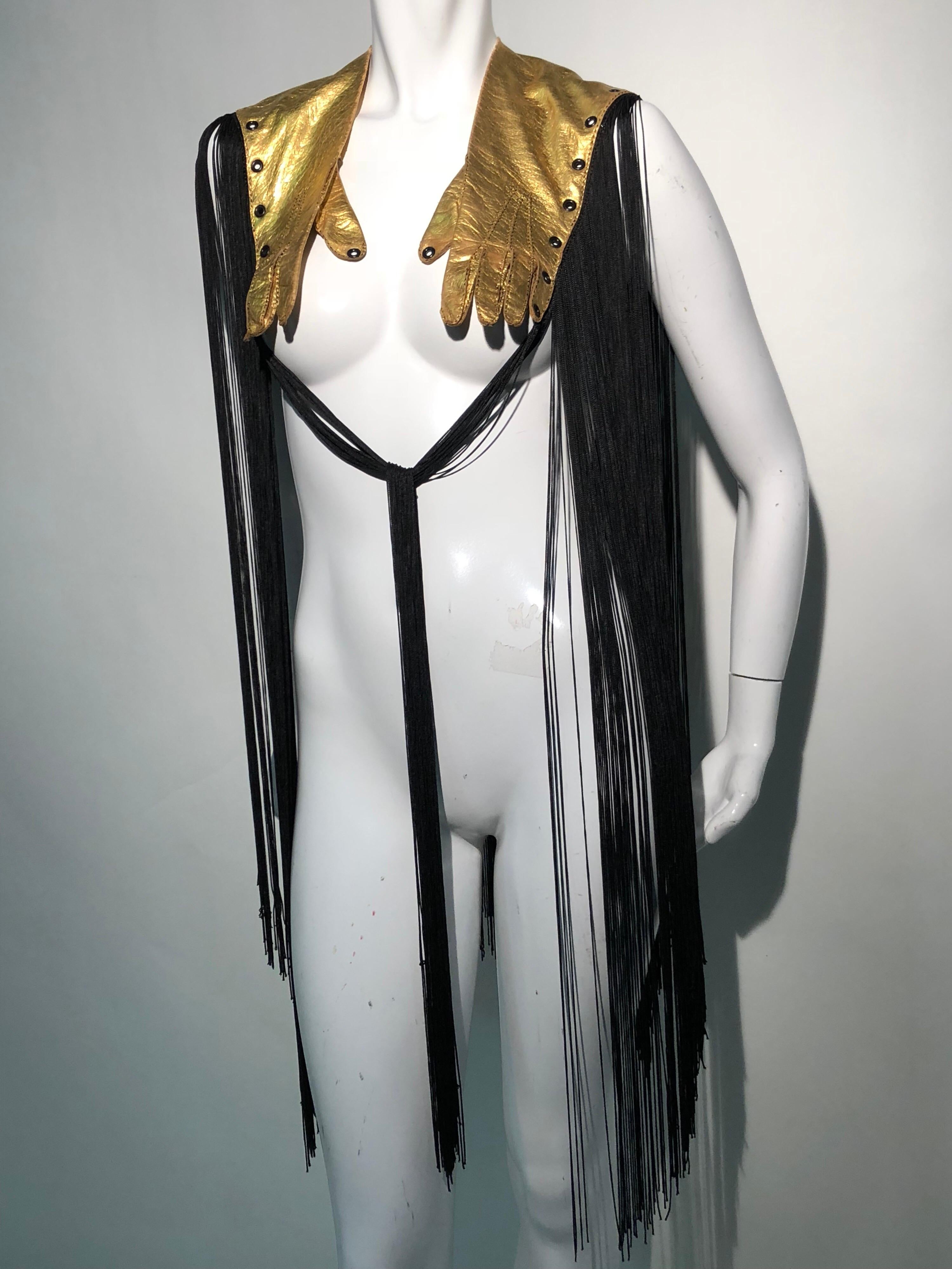 Torso Creations 1940s Gold Gilt Leather Gloves & Long Black Rayon Fringe Cape For Sale 2