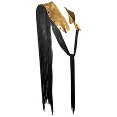 Torso Creations 1940s Gold Gilt Leather Gloves & Long Black Rayon Fringe Cape