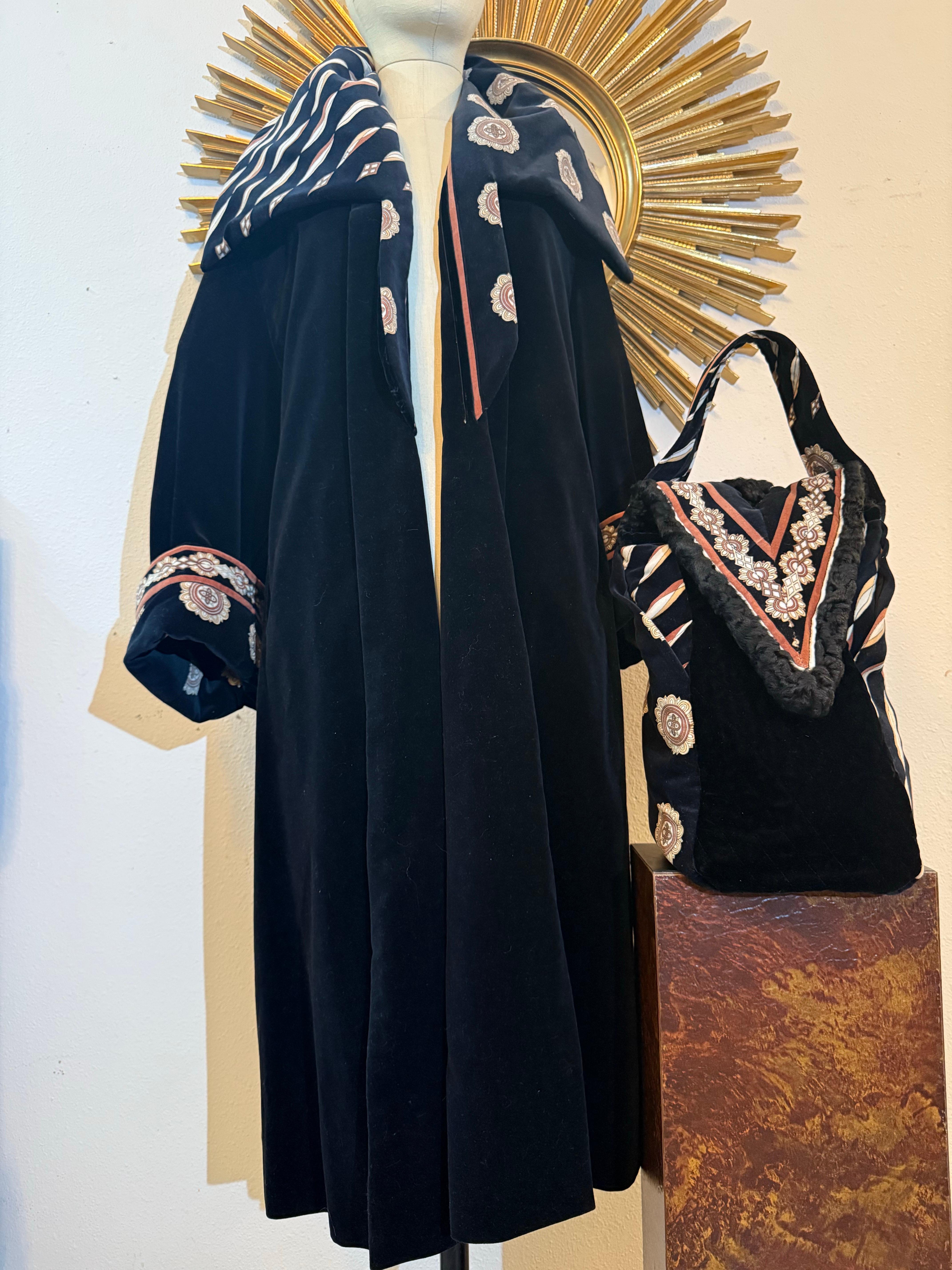 Women's Torso Creations 1950s Black Velvet Swingcoat w Emilio Pucci Print Velvet Collar For Sale