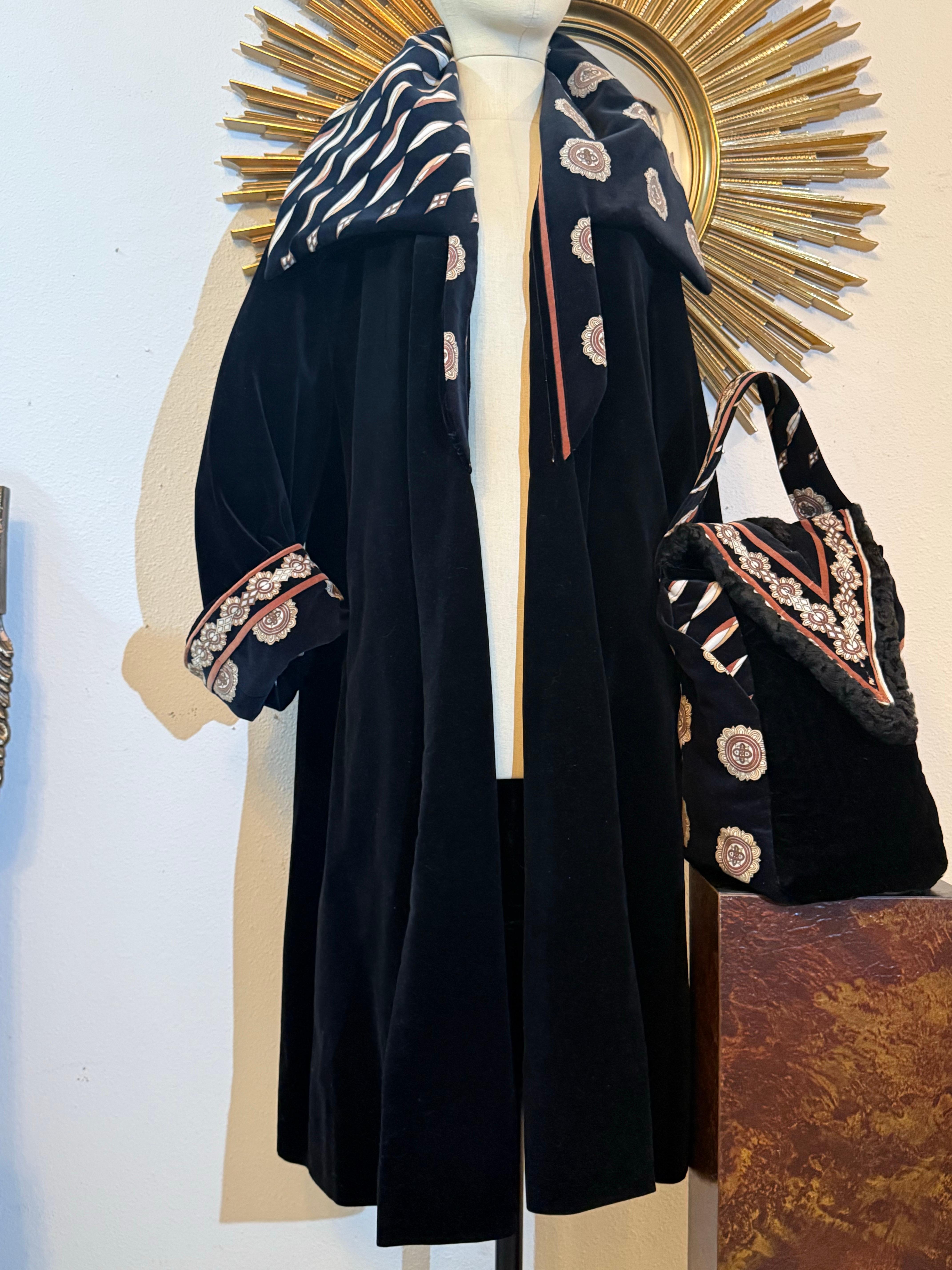 Torso Creations 1950s Black Velvet Swingcoat w Emilio Pucci Print Velvet Collar For Sale 2