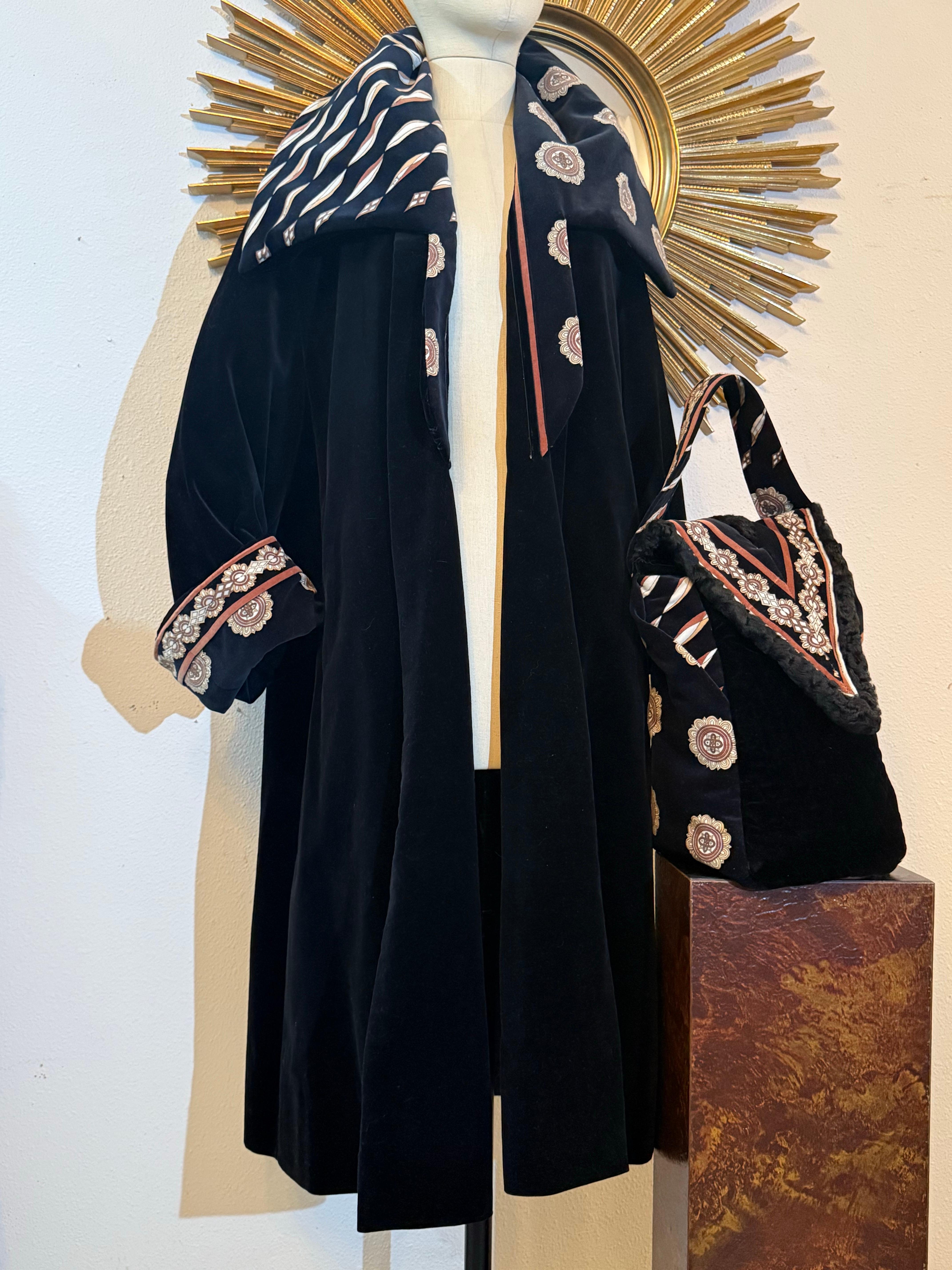 Torso Creations 1950s Black Velvet Swingcoat w Emilio Pucci Print Velvet Collar For Sale 3