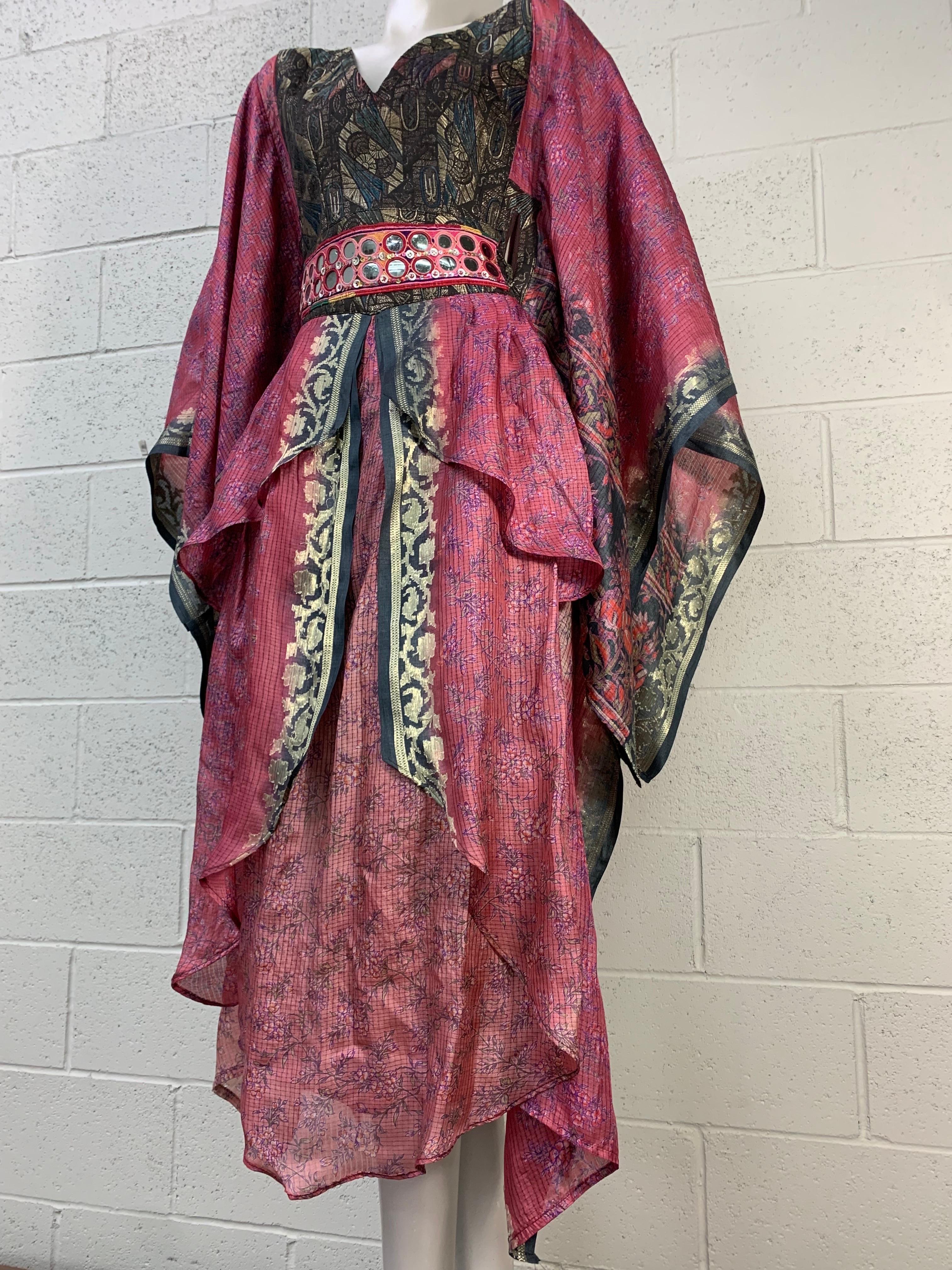 Torso Creations 2-Piece Apron-Front Sari Caftan w Mirrored and Embroidered Belt In Excellent Condition For Sale In Gresham, OR