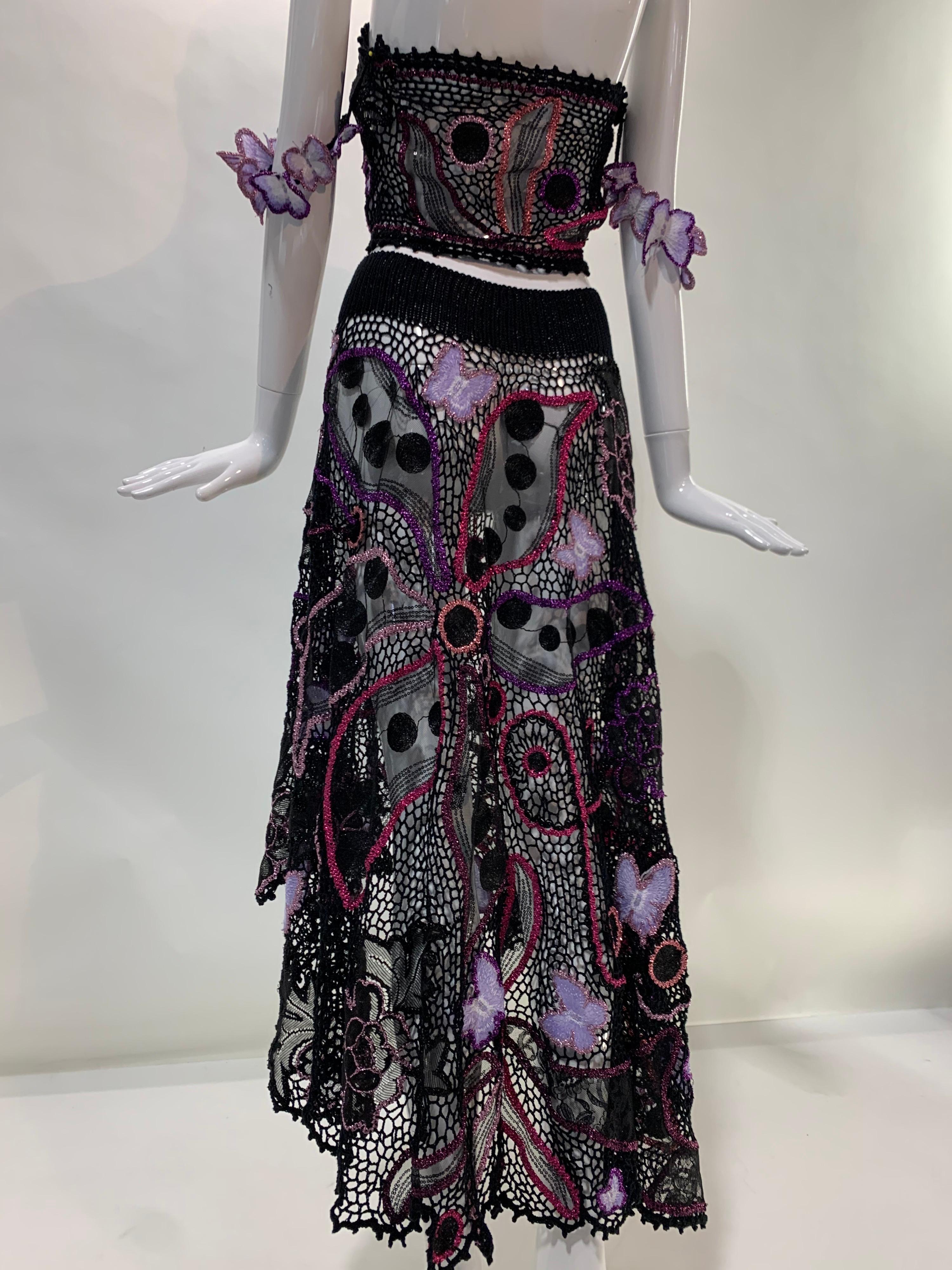 Women's Torso Creations 2-Piece BoHo Crochet & Butterfly Applique Skirt and Midriff Top
