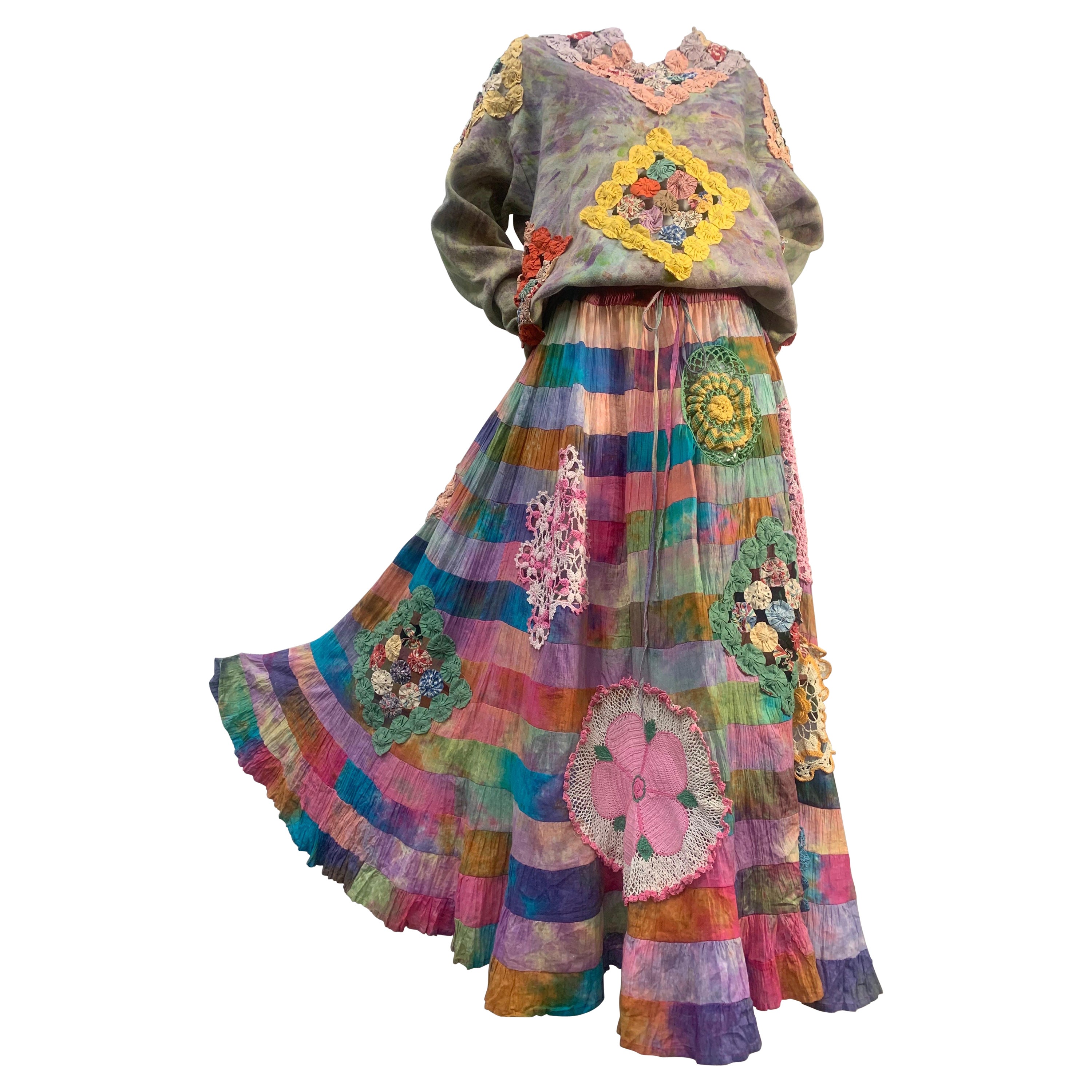 Torso Creations 2-Piece Tie Dye Patchwork Crochet Quilted Skirt & Pullover Set in vendita