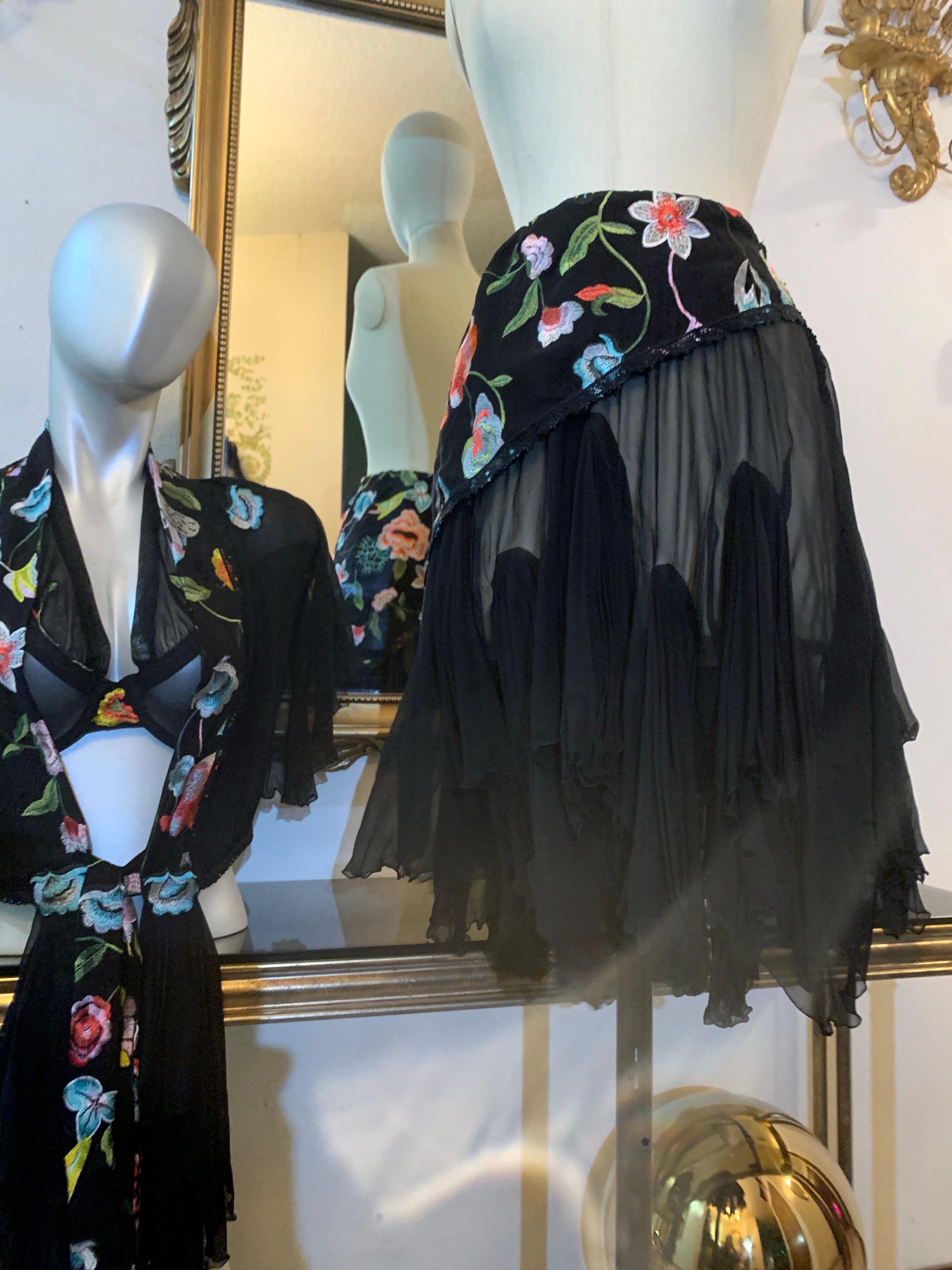 Torso Creations 3-Piece Black Chiffon and Floral Embroidered Bohemian Ensemble For Sale 9