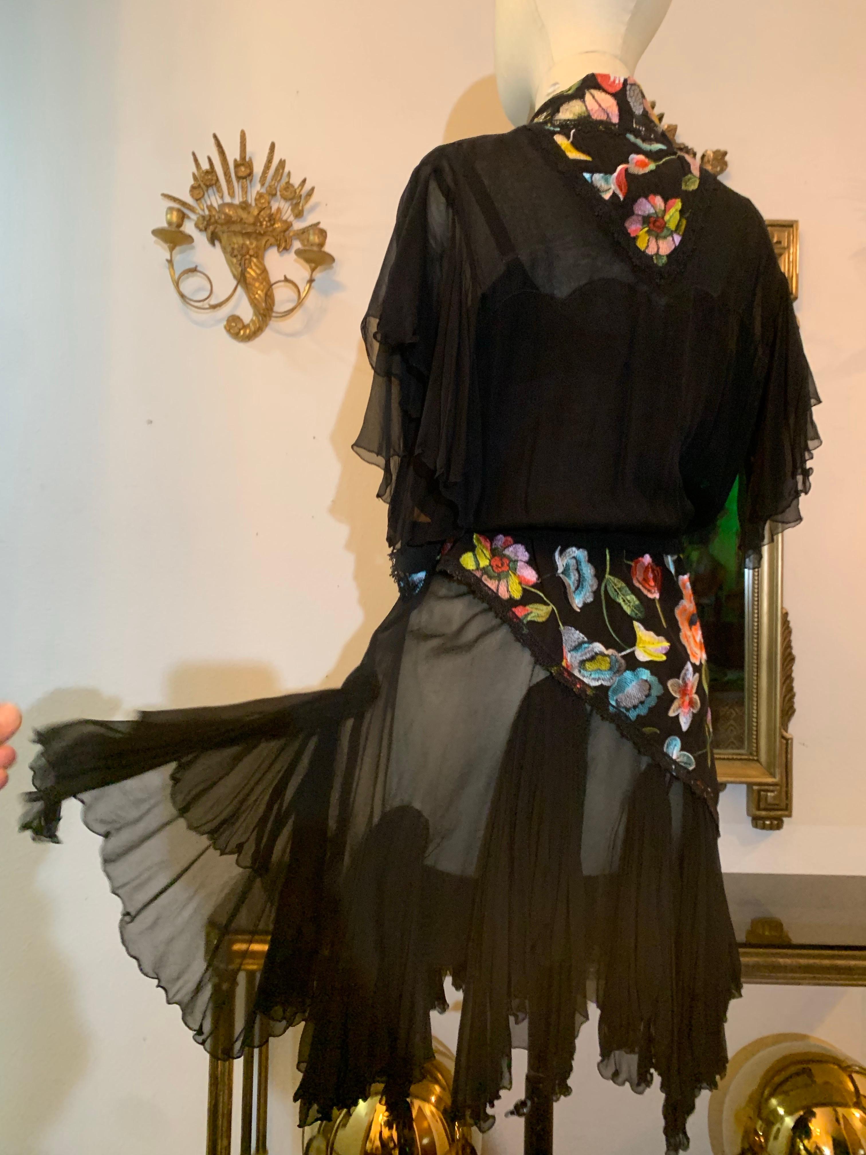 Torso Creations 3-Piece Black Chiffon and Floral Embroidered Bohemian Ensemble In New Condition For Sale In Gresham, OR