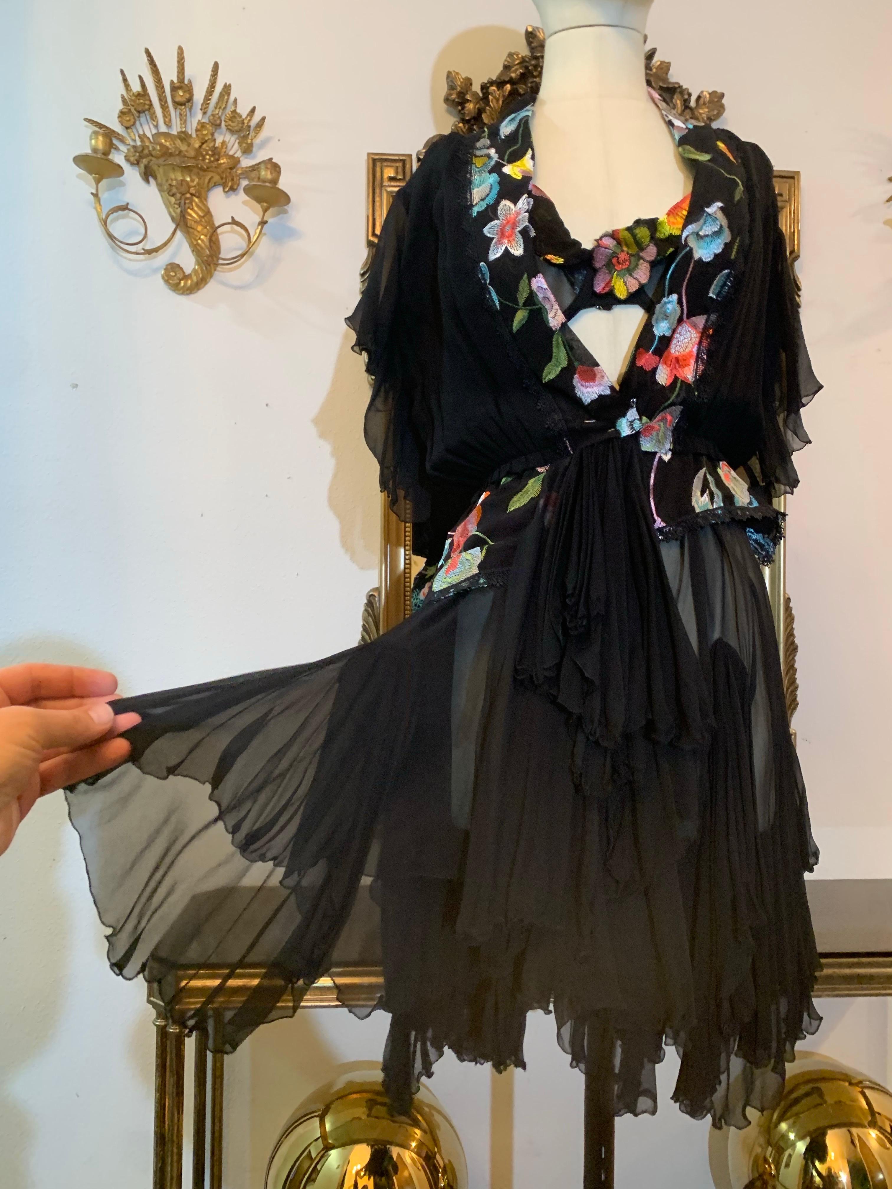 Women's Torso Creations 3-Piece Black Chiffon and Floral Embroidered Bohemian Ensemble For Sale