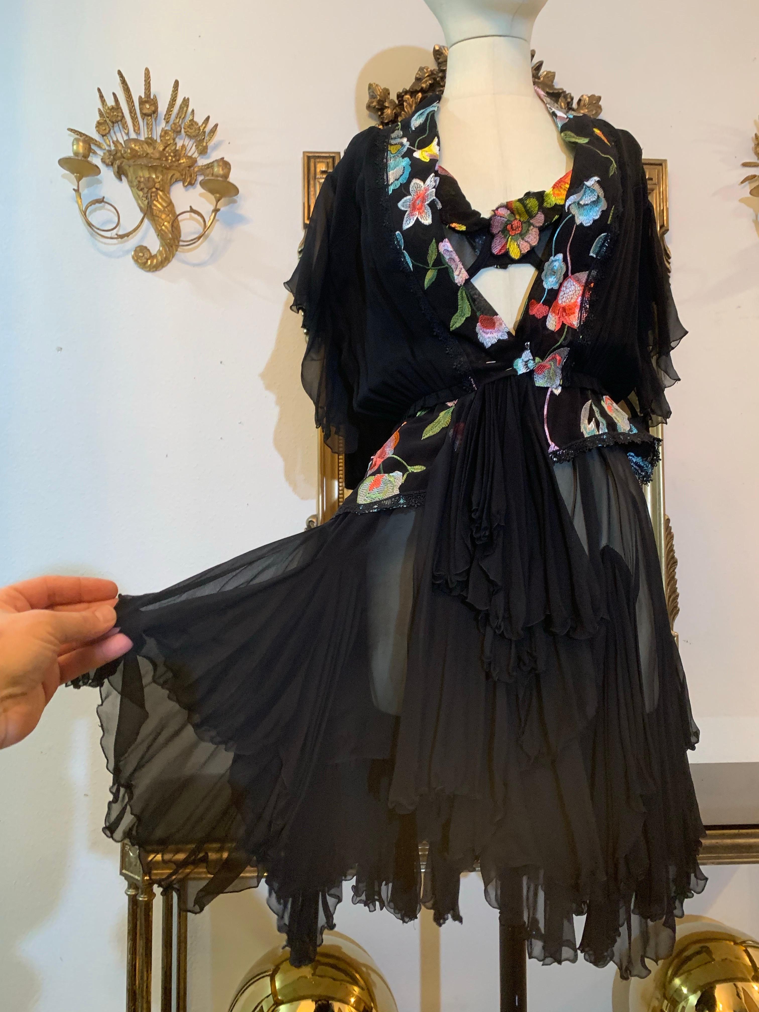 Torso Creations 3-Piece Black Chiffon and Floral Embroidered Bohemian Ensemble For Sale 1