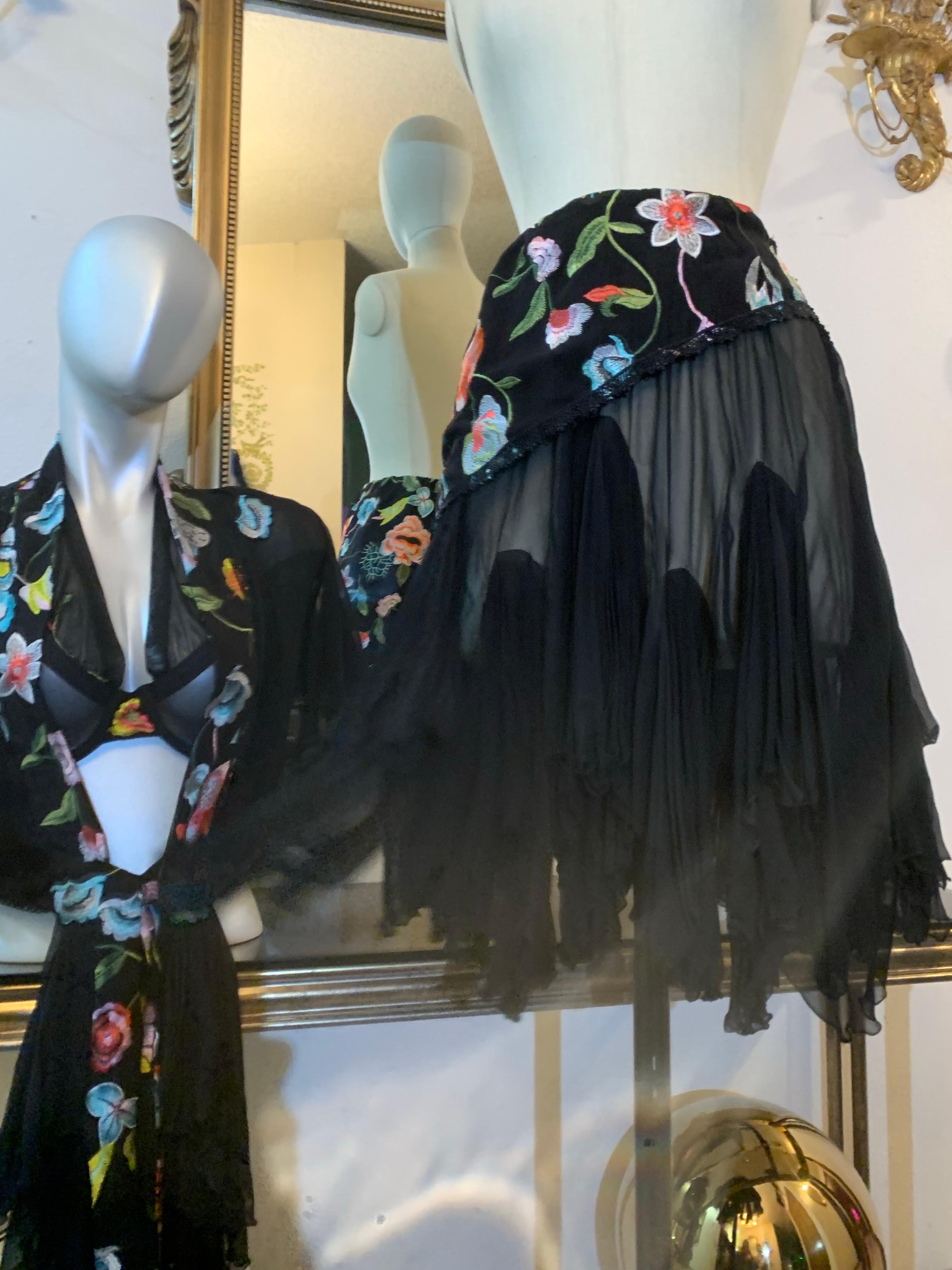 Torso Creations 3-Piece Black Chiffon and Floral Embroidered Bohemian Ensemble For Sale 2