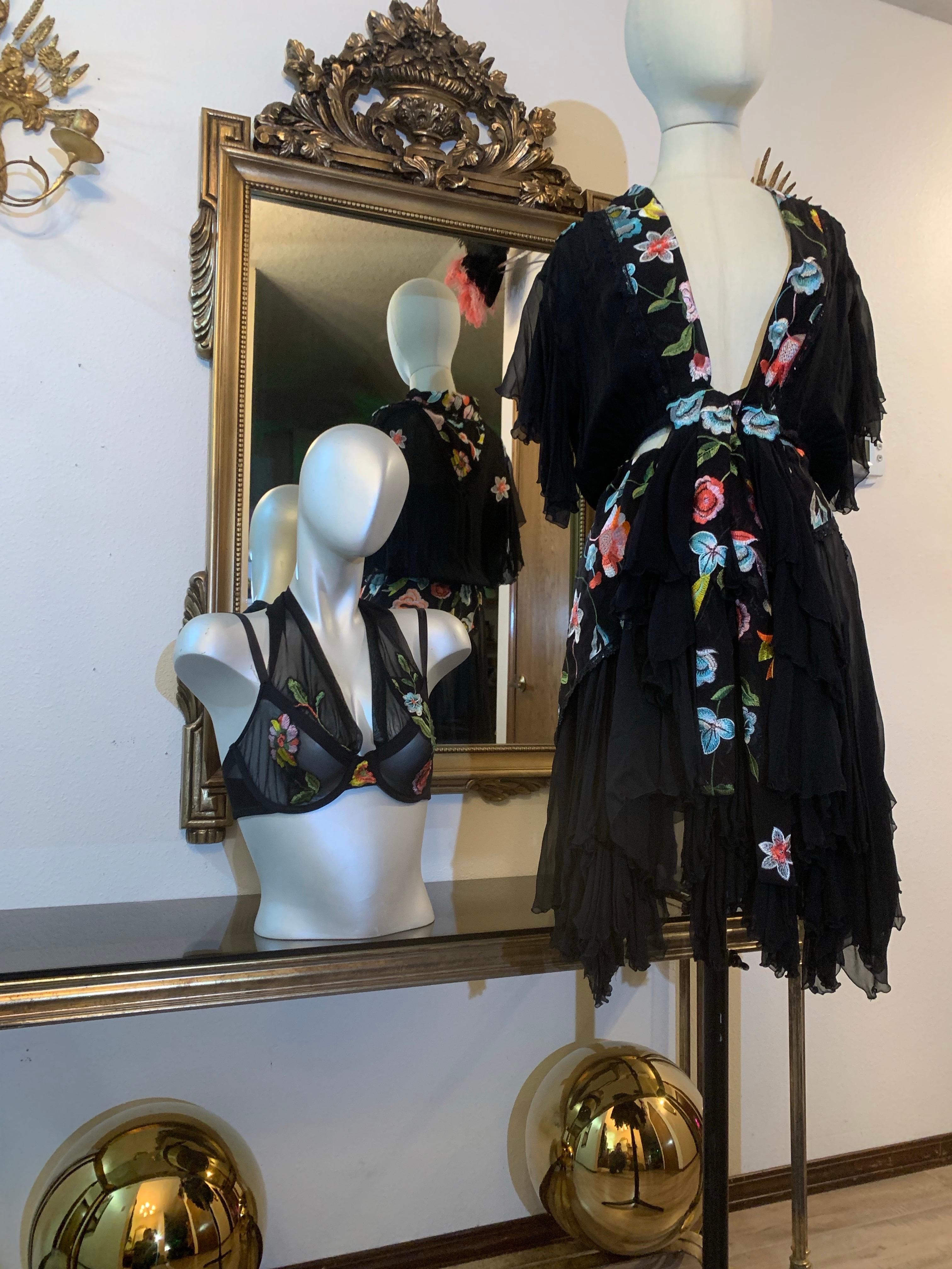 Torso Creations 3-Piece Black Chiffon and Floral Embroidered Bohemian Ensemble For Sale 4